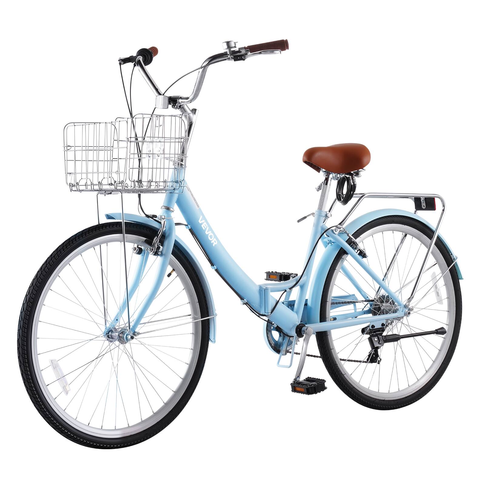 Alt View 5. VEVOR - Women Bike, 26 in Folding Beach Cruiser Bike, 7-Speed Adult City Bicycle with Steel Frame, 330 lbs Capacity, Basket - Light Blue.