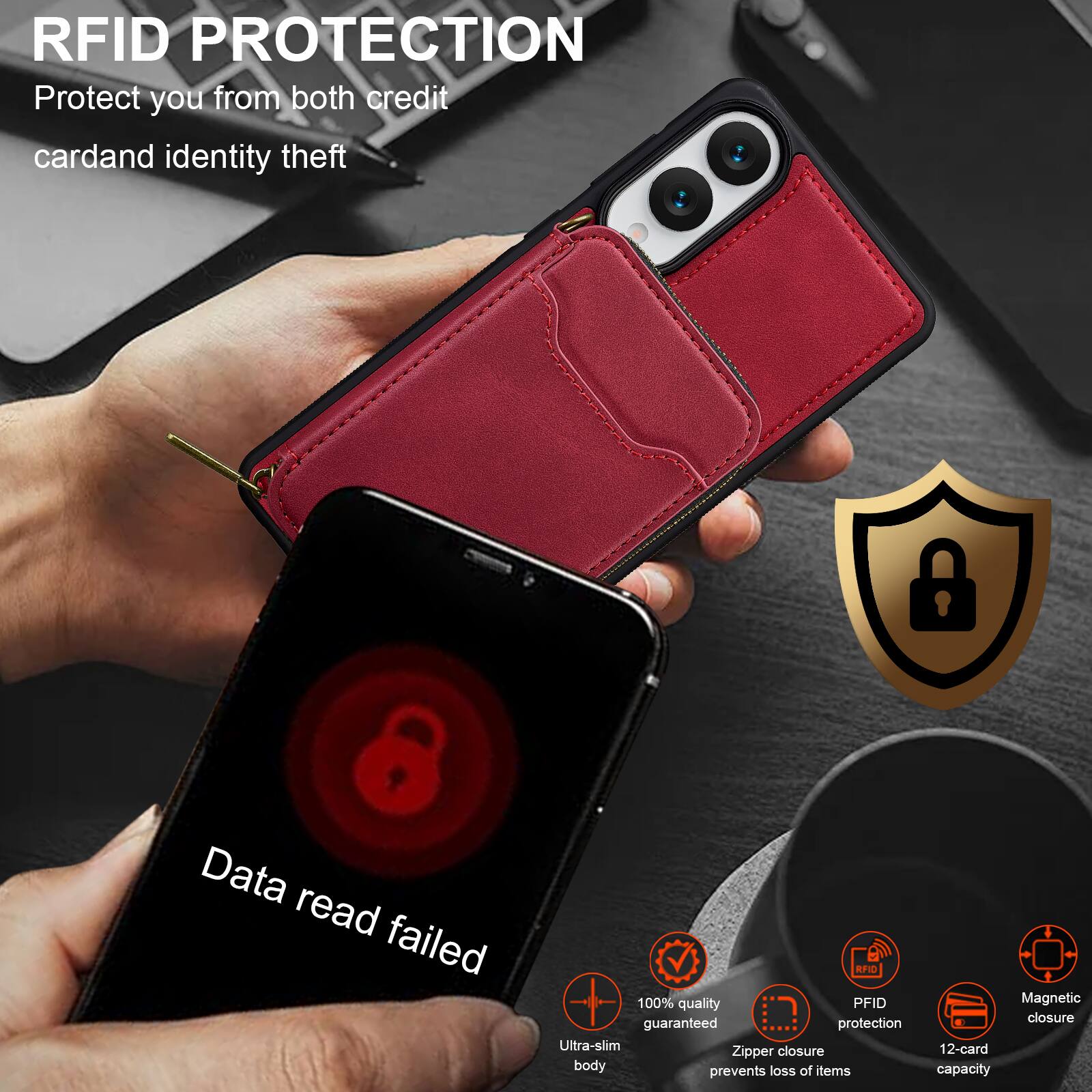 RFID PROTECTION  
Protect you from both credit card and identity theft  

Data read failed  

100% quality guaranteed protection  
Ultra-slim closure  
Zipper body prevents loss of items  
Magnetic closure  
12-card capacity  

RFID PROTECTION  
Protect you from both credit card and identity theft  

100% quality guaranteed  
RFID protection  
Zipper closure prevents loss of items  
Magnetic closure  
12-card capacity