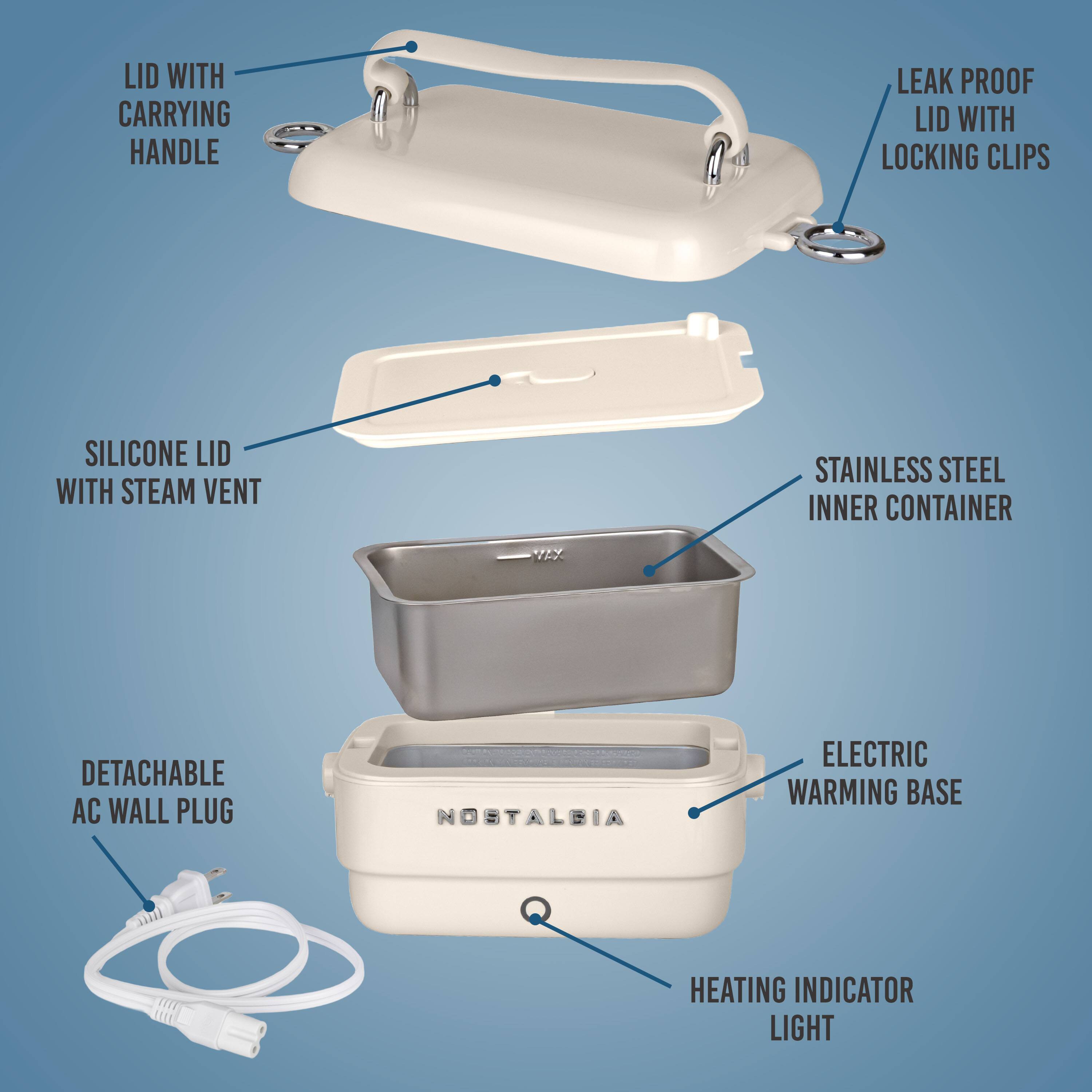 LID WITH CARRYING HANDLE  
LEAK PROOF LID WITH LOCKING CLIPS  
SILICONE LID WITH STEAM VENT  
STAINLESS STEEL INNER CONTAINER  
DETACHABLE AC WALL PLUG  
ELECTRIC WARMING BASE  
HEATING INDICATOR LIGHT