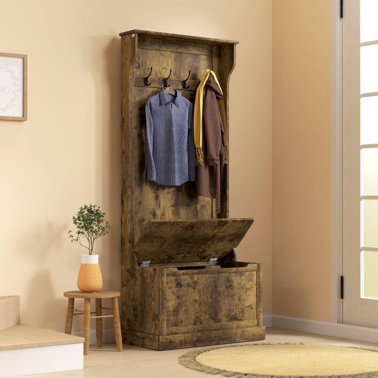 Alt View 9. PULUZ - Hall Tree with Coat Rack, Storage, and Sitting Bench - Rustic Brown.