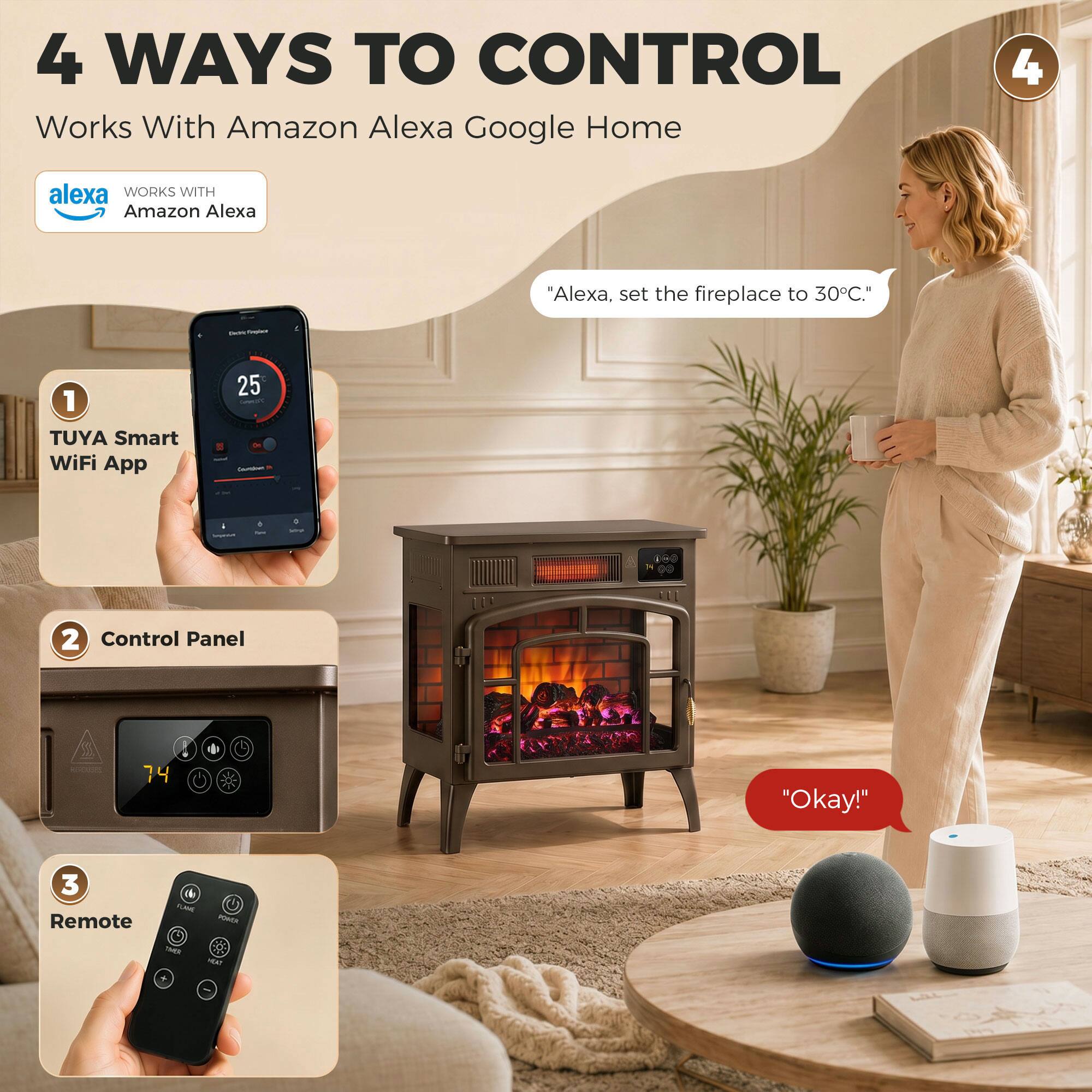 4 WAYS TO CONTROL  
Works With Amazon Alexa Google Home

1. TUYA Smart WiFi App  
2. Control Panel  
3. Remote  

"Alexa, set the fireplace to 30°C."  
"Okay!"