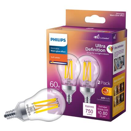 Dimmable Warm Glow effect
PHILIPS Dimmable Warm glow effect
Soft white
EyeComfort
Ultra Definition
Bring the sunlight indoors
PHILIPS 60w
PHILIPS replacement*
6.6w LED
Vc Glow effect
2 Pack
PHILIPS
Warm Glow effect
A15 bulb
Candelabra base
Brightness
750 lumens
Estimated Energy Cost
$0.80 per year