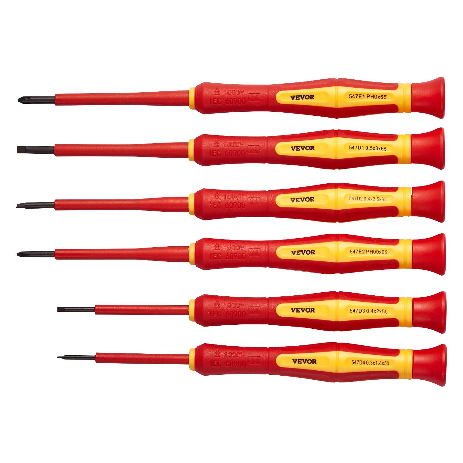 Sure, here is the corrected and grouped text:

1. 1000M IEC 60900 VEVOR 547E1 PH0x65
2. 1000% IEC 60900 VEVOR 547D1 1 0.5x3x55
3. 1000% IEC 60900 VEVOR 547D2 0.4x2x55
4. 1000% IEC 60900 VEVOR 547D3 0.4x2x50
5. 1000% IEC 60900 VEVOR 547D4 0.3x1.8x50

Each line corresponds to the text on the handles of the screwdrivers in the image.