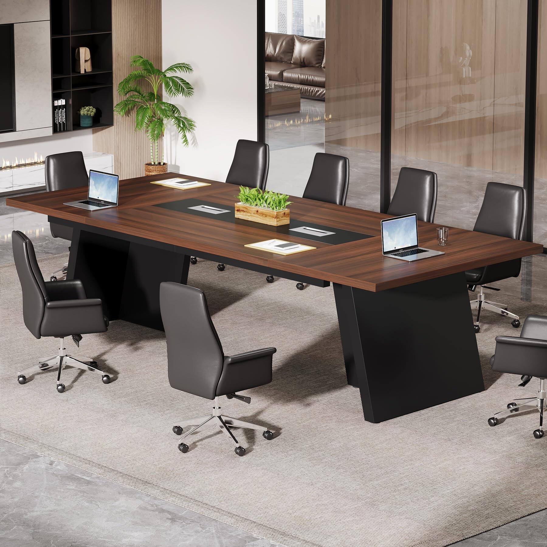 Left. Tribesigns - 94.5-Inch Conference Table with Cable Management Grommets and Metal Frame for Office Meeting Rooms - Walnut + Black.