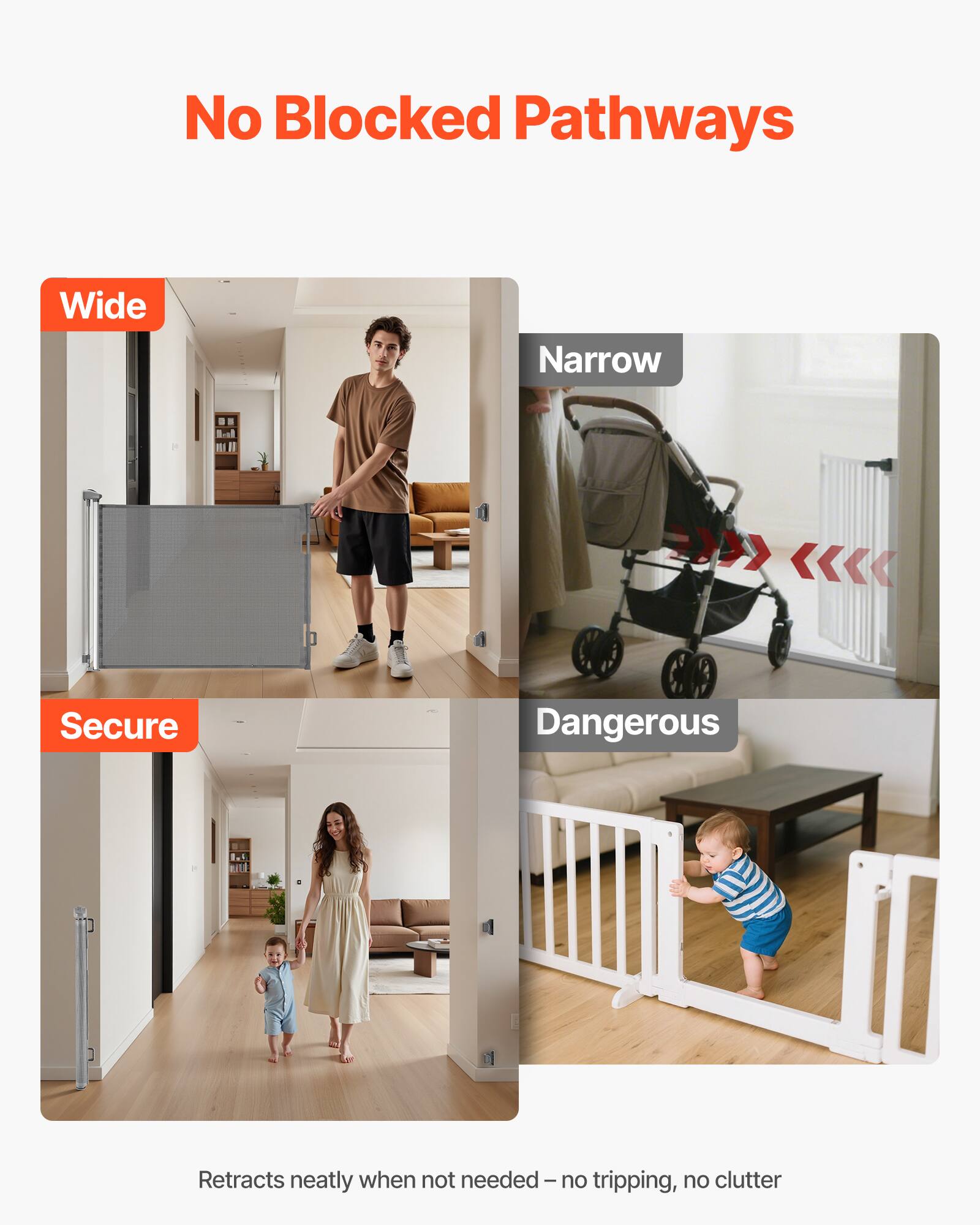 No Blocked Pathways

Wide  
Secure

Narrow  
Dangerous

Retracts neatly when not needed – no tripping, no clutter