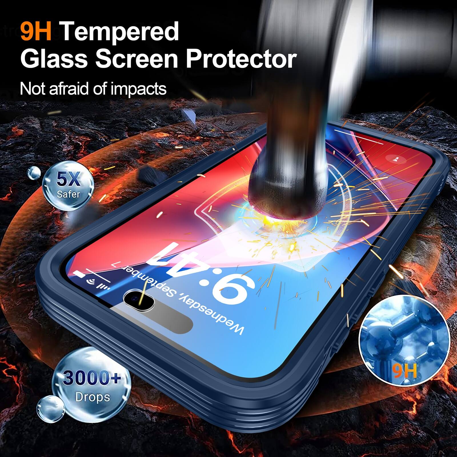 9H Tempered Glass Screen Protector  
Not afraid of impacts  
5X Safer  
3000+ Drops  
9H