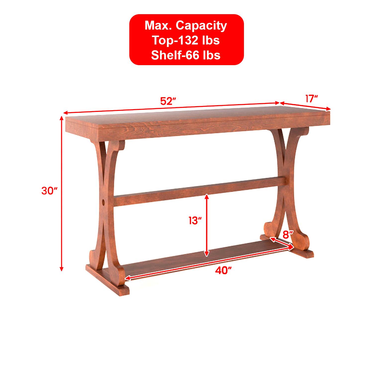 Max. Capacity  
Top-132 lbs  
Shelf-66 lbs  

52"  
17"  
30"  
13"  
8"  
40"