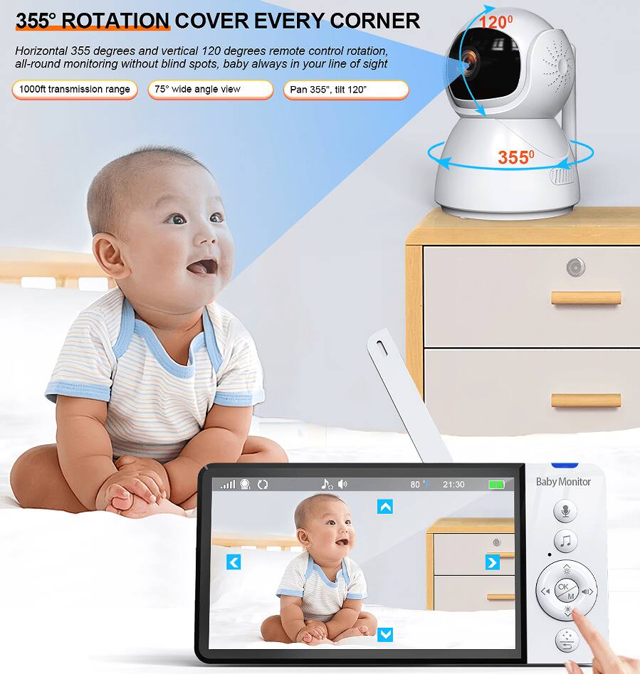 355° ROTATION COVER EVERY CORNER

Horizontal 355 degrees and vertical 120 degrees remote control rotation, all-round monitoring without blind spots, baby always in your line of sight

1000ft transmission range

75° wide angle view

Pan 355°, tilt 120°