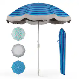 Gymax - 6.5 FT Beach Umbrella w/ Fringe Tassel Umbrella w/ Push Button Tilt Sand Anchor - Navy Blue