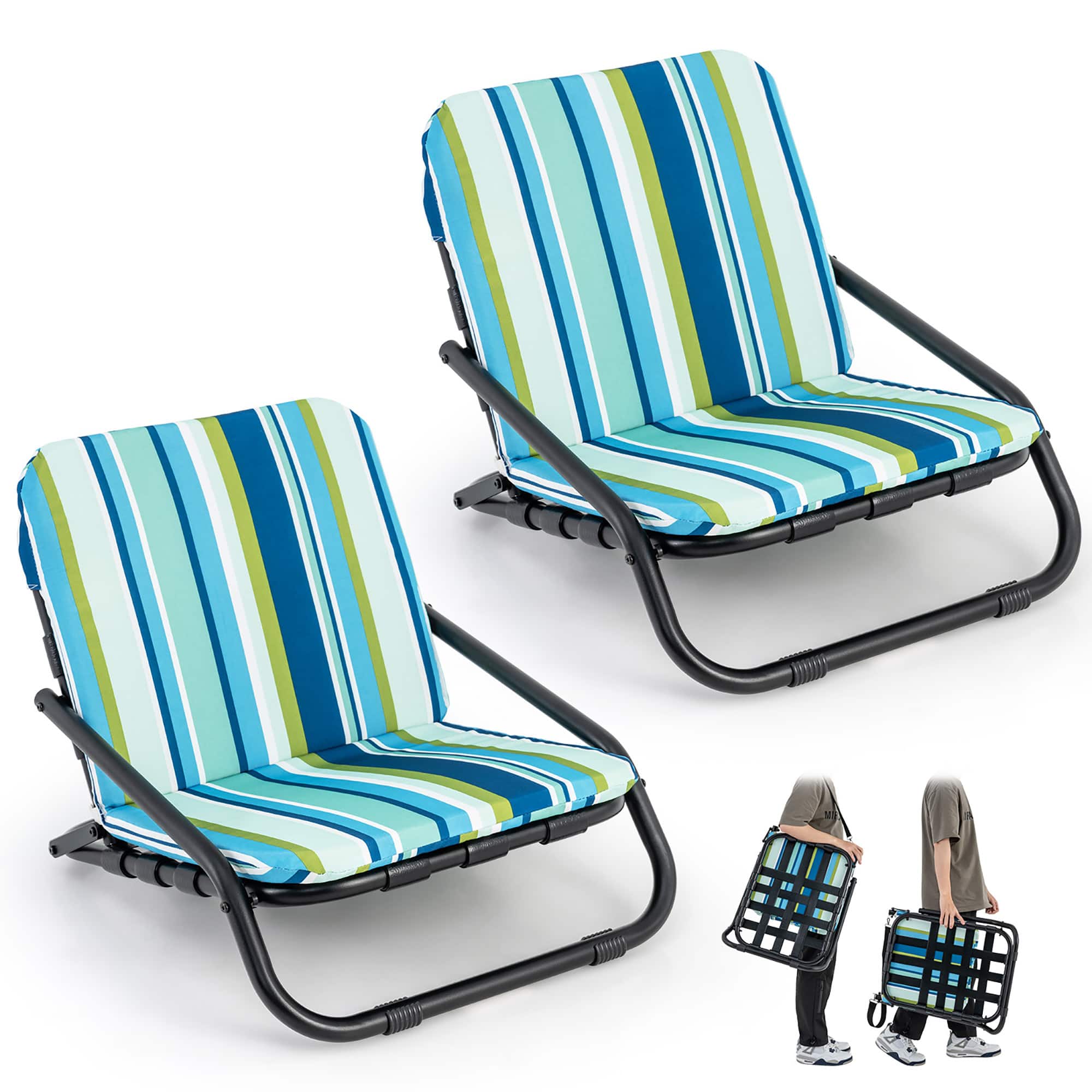 Gymax - Low Beach Chairs for Adults 2 Pack w/ Aluminum Frame and Soft Cushion 300 LBS - Blue Strip