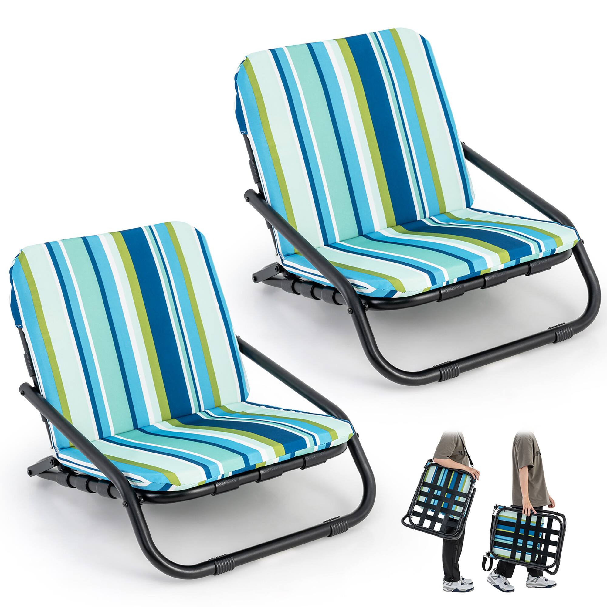Front. Gymax - Gymax Low Beach Chairs for Adults 2 Pack w/ Aluminum Frame and Soft Cushion 300 LBS - Blue Strip.