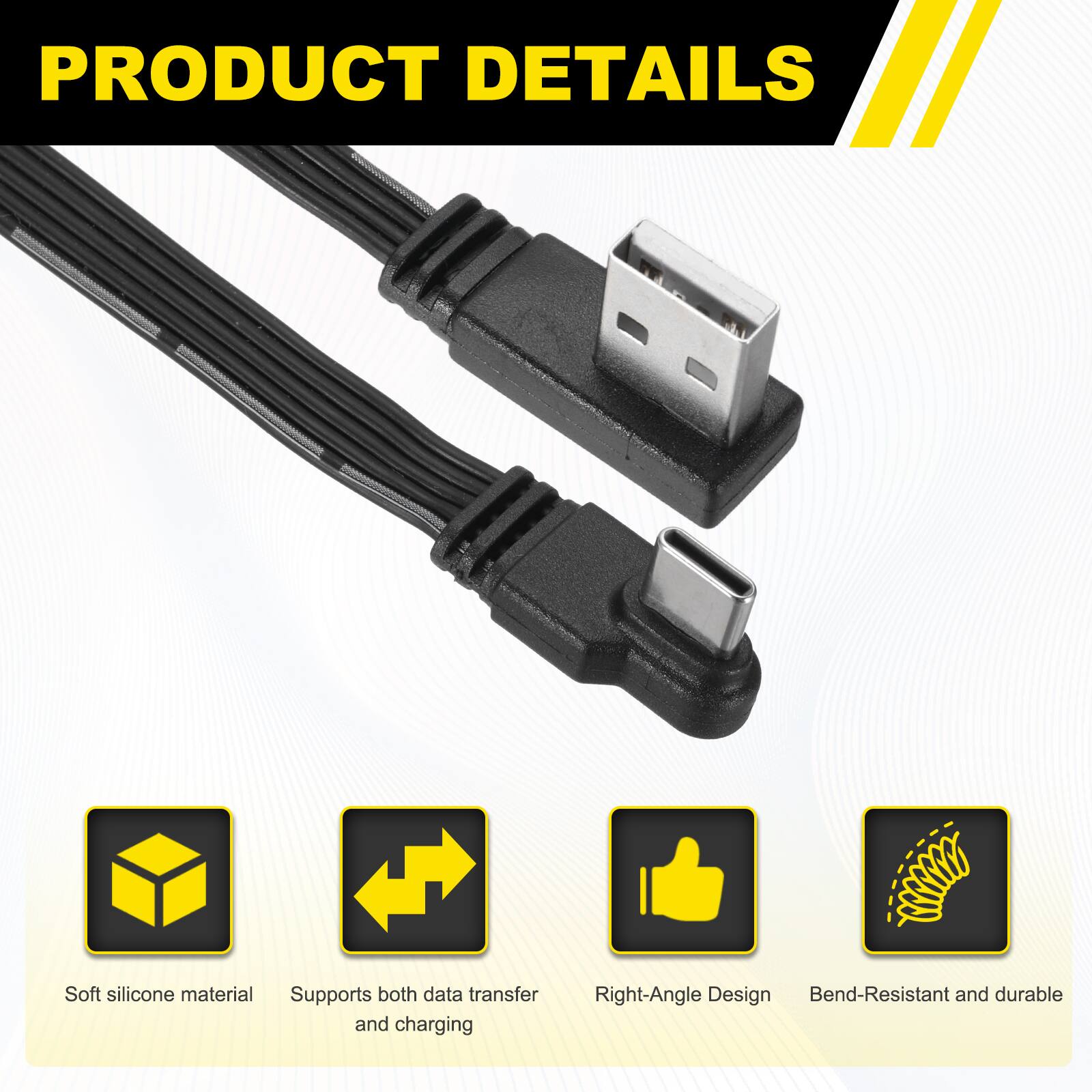 PRODUCT DETAILS

- Soft silicone material
- Supports both data transfer and charging
- Right-Angle Design
- Bend-Resistant and durable