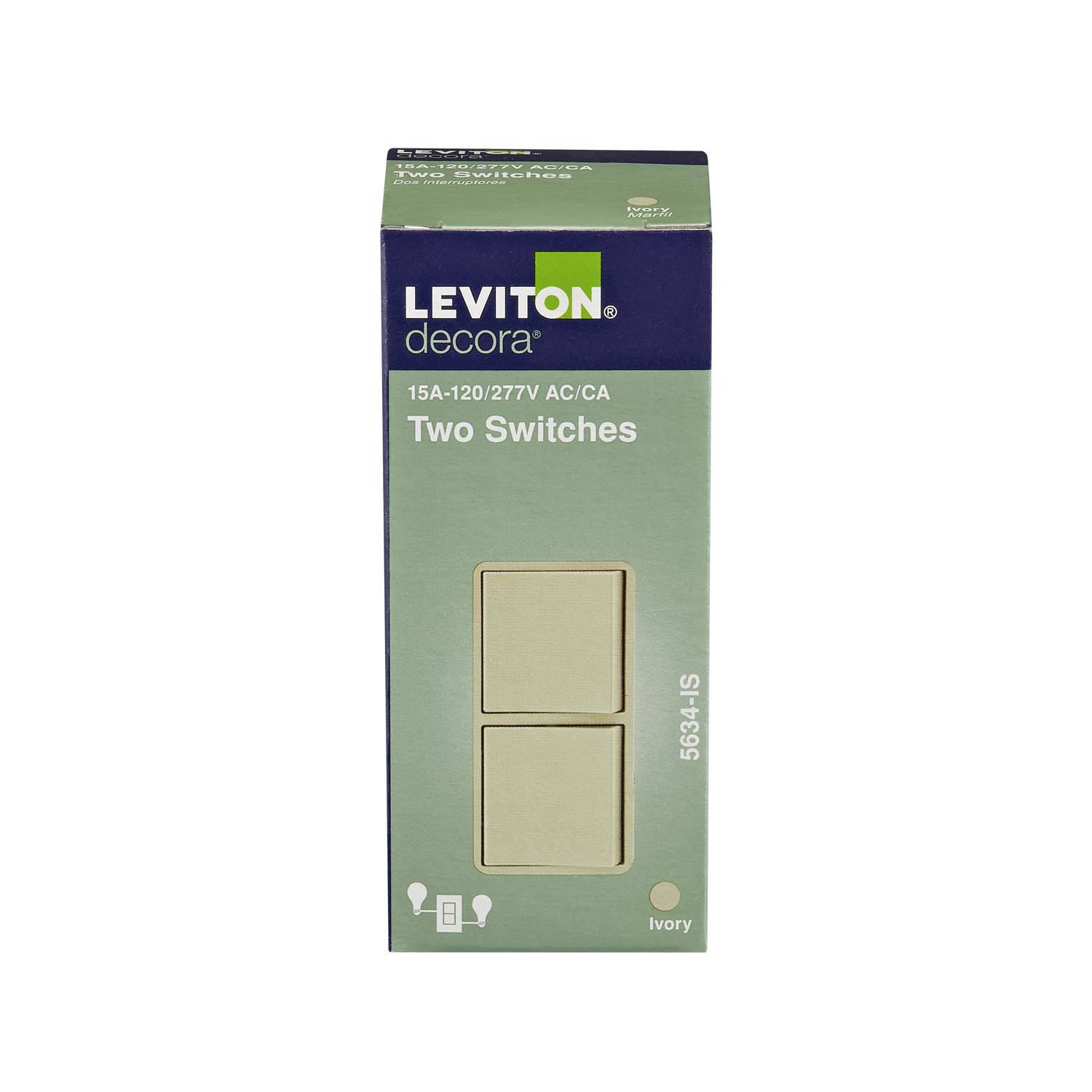 LEVITON  
decora  
15A-120/277V AC/CA  
Two Switches  
5634-1S Ivory