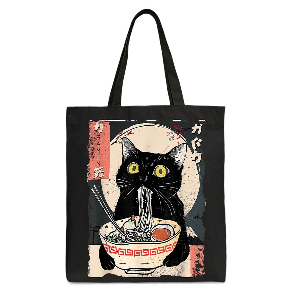 OrnamentallyYou - Kawaii Anime Cat Eating Ramen Canvas Tote Bag, Noodle Japanese Art Style Gift Bag - Black