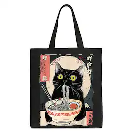 OrnamentallyYou - Kawaii Anime Cat Eating Ramen Canvas Tote Bag, Noodle Japanese Art Style Gift Bag - Black