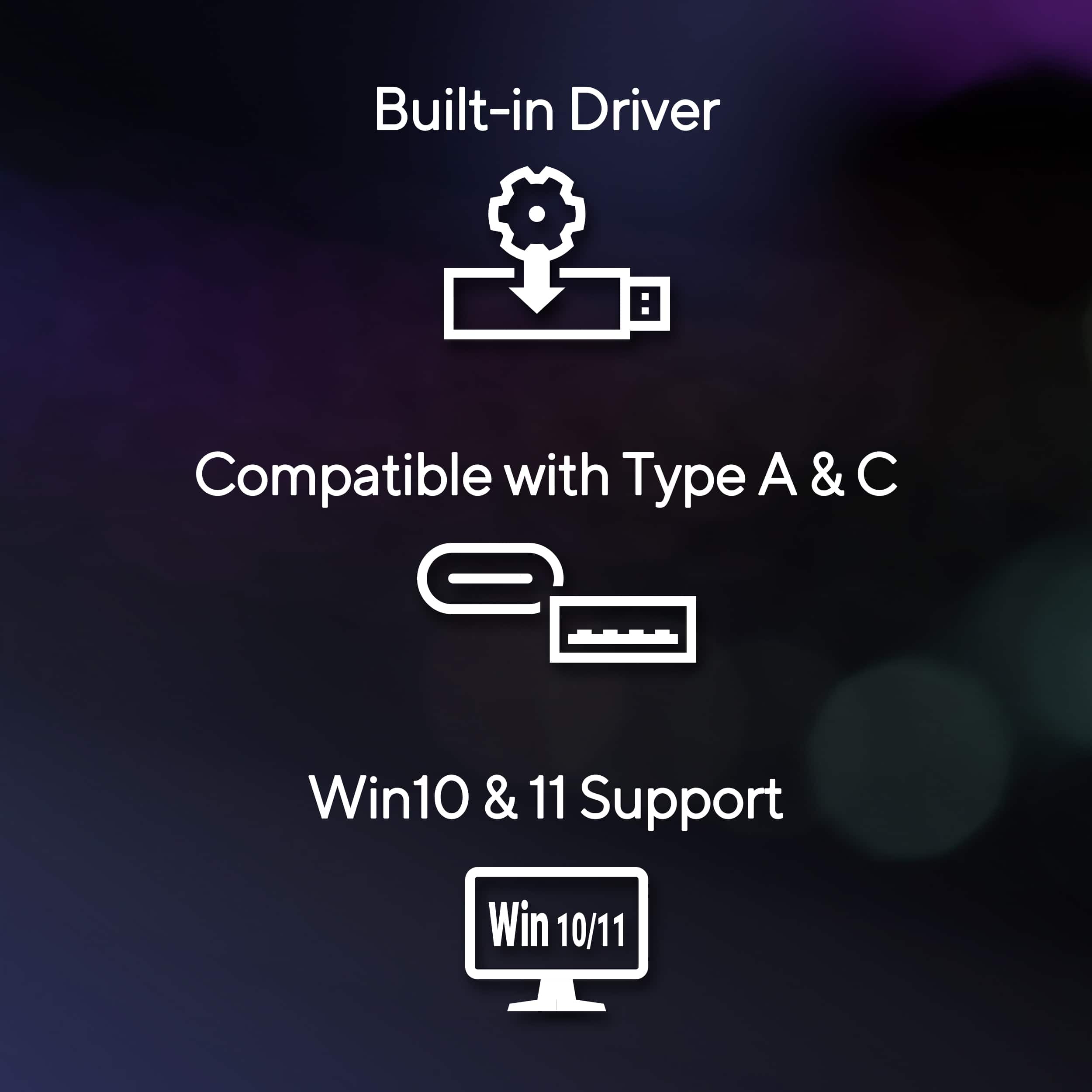 Built-in Driver, Compatible with Type A & C, Win 10/11 Support