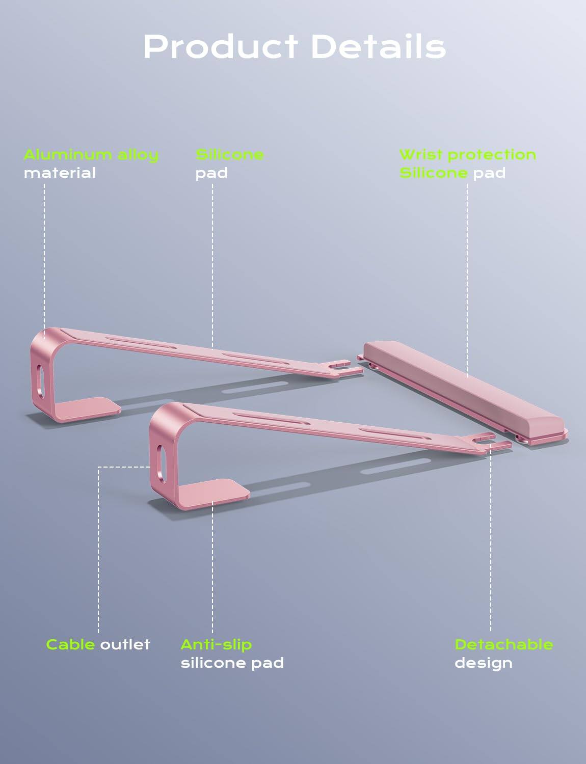 Product Details  
- Aluminum alloy material  
- Silicone pad  
- Wrist protection Silicone pad  
- Cable outlet  
- Anti-slip silicone pad  
- Detachable design