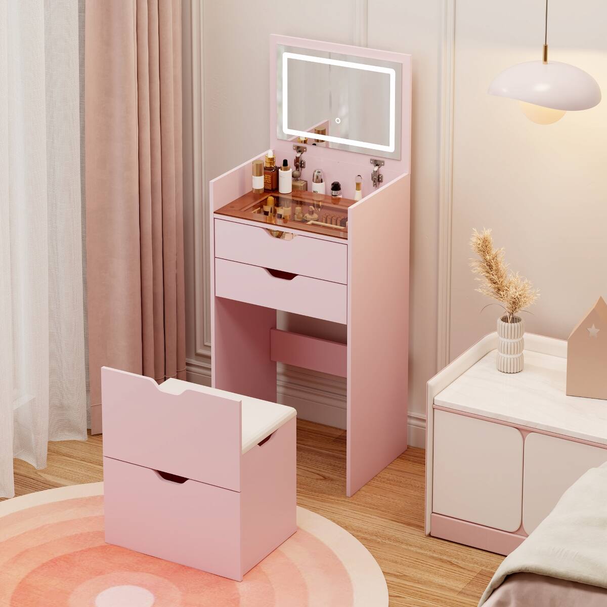 Alt View 6. Loheer - Loheer Pink Makeup Vanity with Stool, Flip Up Mirror and Three Color Lights - Pink.