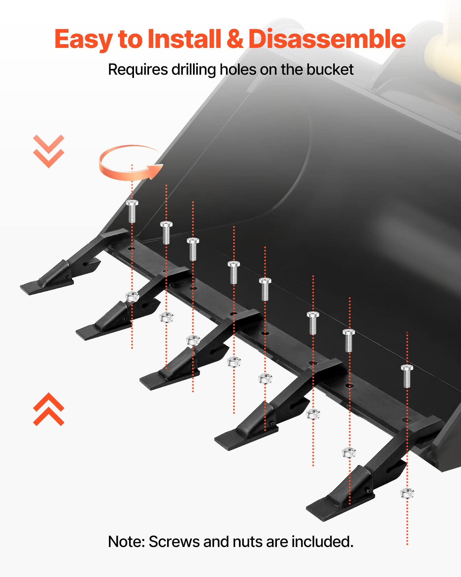 Easy to Install & Disassemble  
Requires drilling holes on the bucket  

Note: Screws and nuts are included.