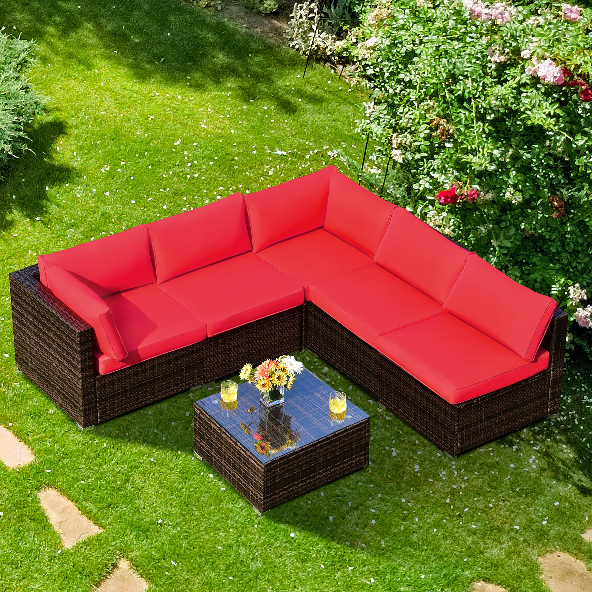 Alt View 1. Costway - 6PCS Patio Rattan Furniture Set Cushioned Sofa Coffee Table - Red.