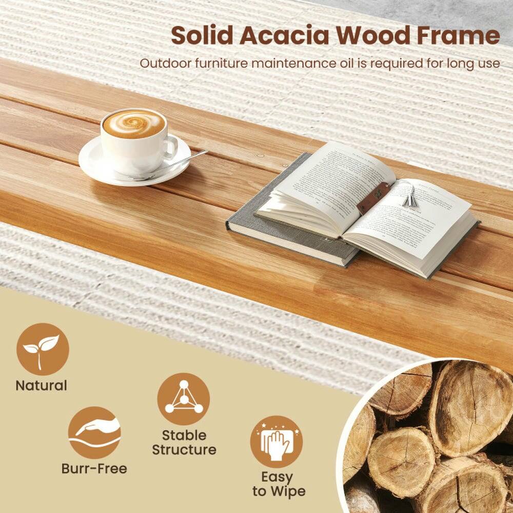 Solid Acacia Wood Frame  
Outdoor furniture maintenance oil is required for long use  

Natural  
Stable Structure  
Burr-Free  
Easy to Wipe
