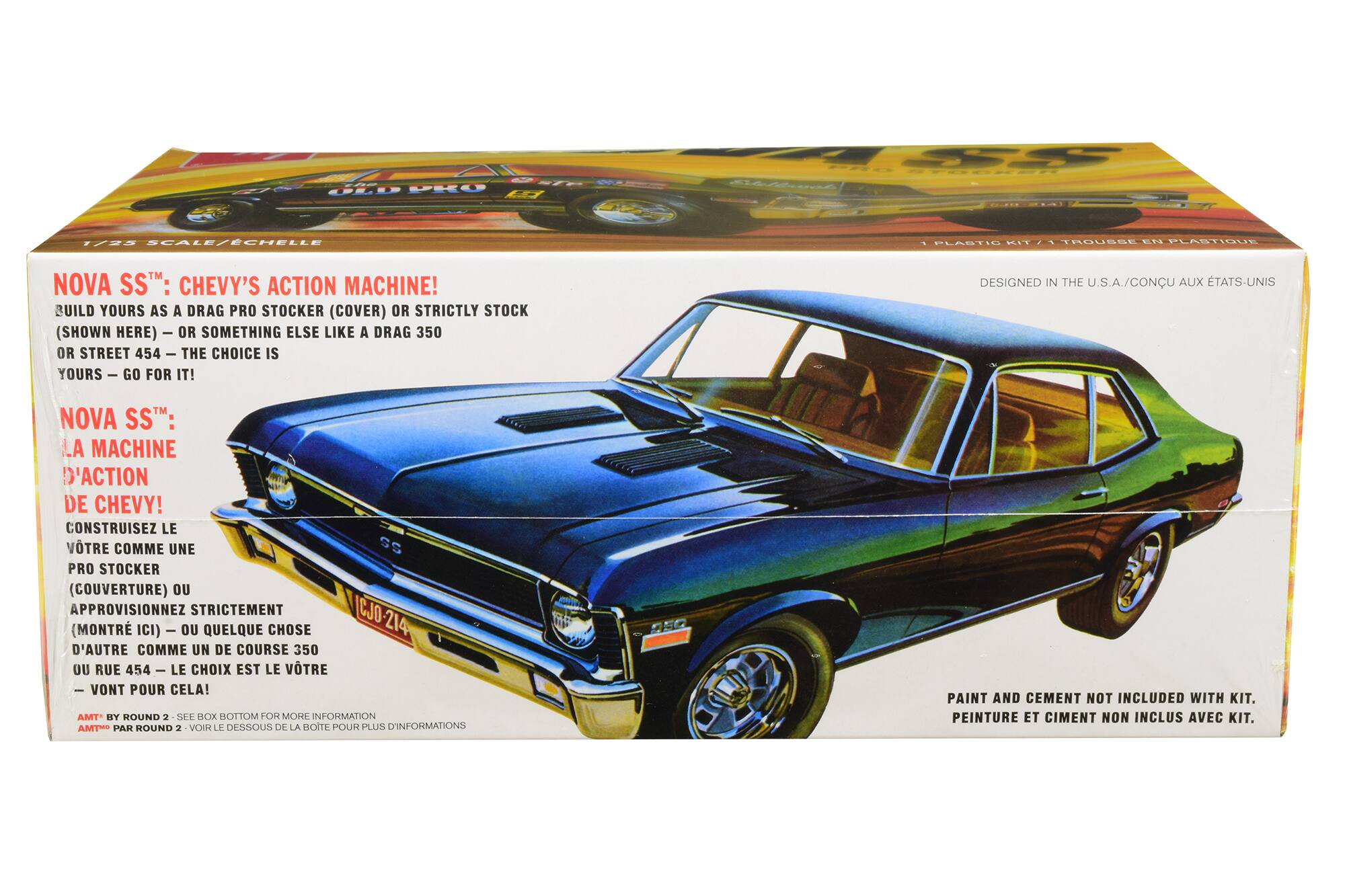 Sure, here is the corrected and grouped text from the image:

---

**1/22 SCALE / ÉCHELLE**

**NOVA SS™: CHEVY'S ACTION MACHINE!**

BUILD YOURS AS A DRAG PRO STOCKER (COVER) OR STRICTLY STOCK (SHOWN HERE) OR SOMETHING ELSE LIKE A DRAG 350 OR STREET 454 — THE CHOICE IS YOURS — GO FOR IT!

**NOVA SS™: LA MACHINE D'ACTION DE CHEVY!**

CONSTRUISEZ LE VÔTRE COMME UNE PRO STOCKER (COUVERTURE) OU APPROVISIONNEZ STRICTEMENT (MONTRÉ ICI) OU QUELQUE CHOSE D'AUTRE COMME UN DE COURSE 350 OU RUE 454 — LE CHOIX EST LE VÔTRE — VONT POUR CELA!

**DESIGNED IN THE U.S.A. / CONÇU AUX ÉTATS-UNIS**

**PAINT AND CEMENT NOT INCLUDED WITH KIT.**

**PEINTURE ET CIMENT NON INCLUS AVEC KIT.**

---

**AMT BY ROUND 2: SEE BOX BOTTOM FOR MORE