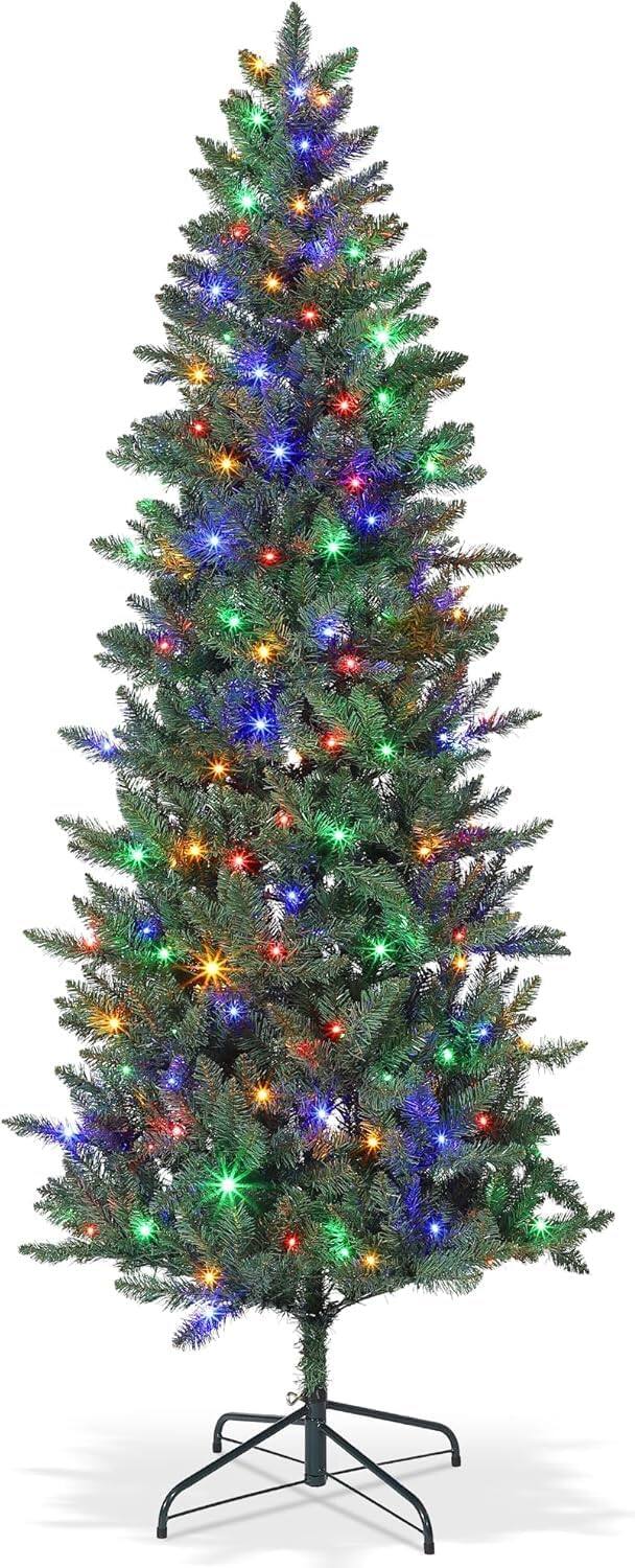 Back. GARVEE - 7.5FT Pre-Lit Christmas Tree 600 LED Lights PE PVC Hinged Branches Metal Stand Ideal Xmas Tree Home Office - 7.5ft.
