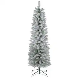 PULUZ - 6ft Artificial Christmas Tree, Snow Flocked Branches, Metal Base, Pencil Xmas Tree - Green