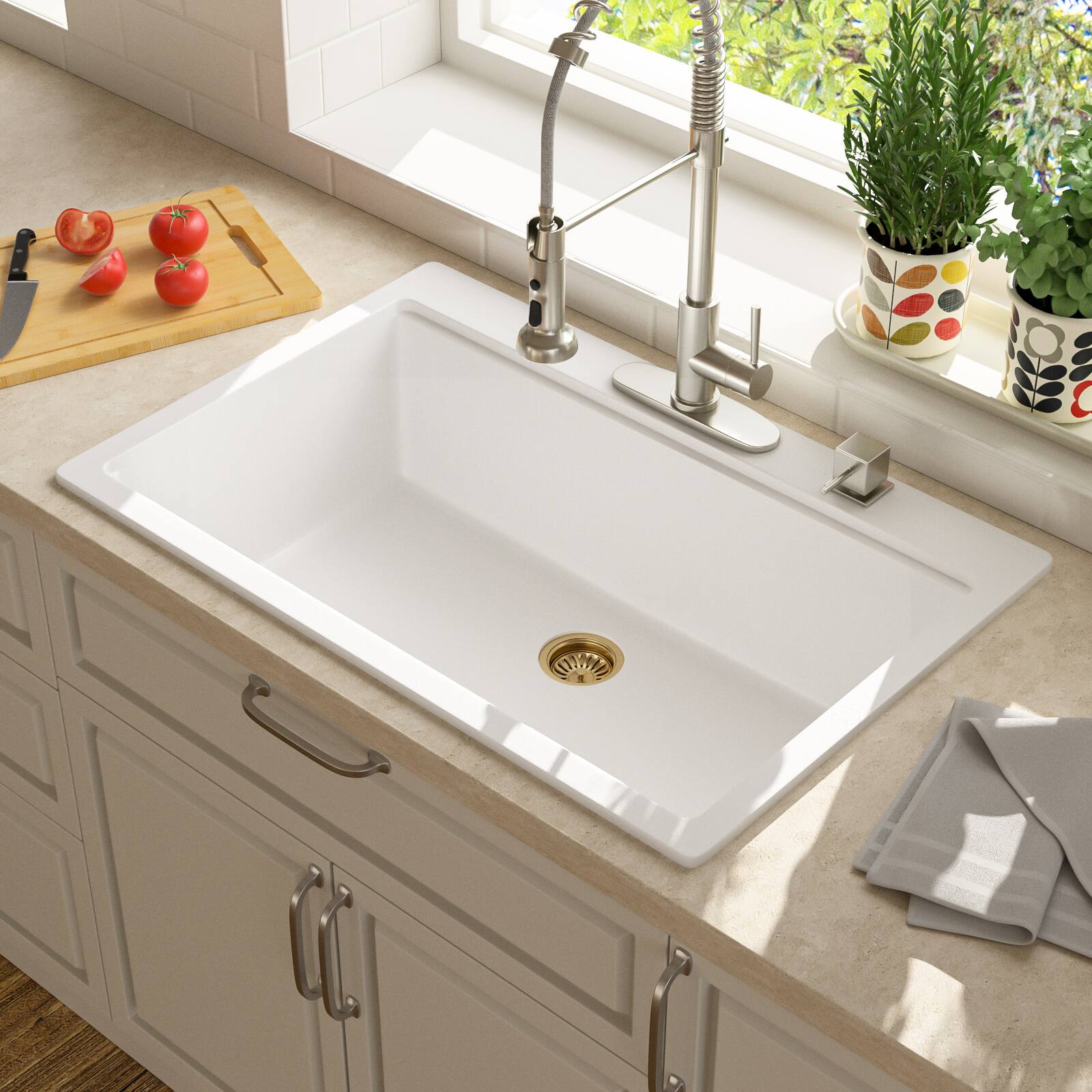 Alt View 6. Lordear - 33x22x10 Inch White Granite Composite Drop In Workstation kitchen Sink Single Bowl Quartz Kitchen Sink - White.