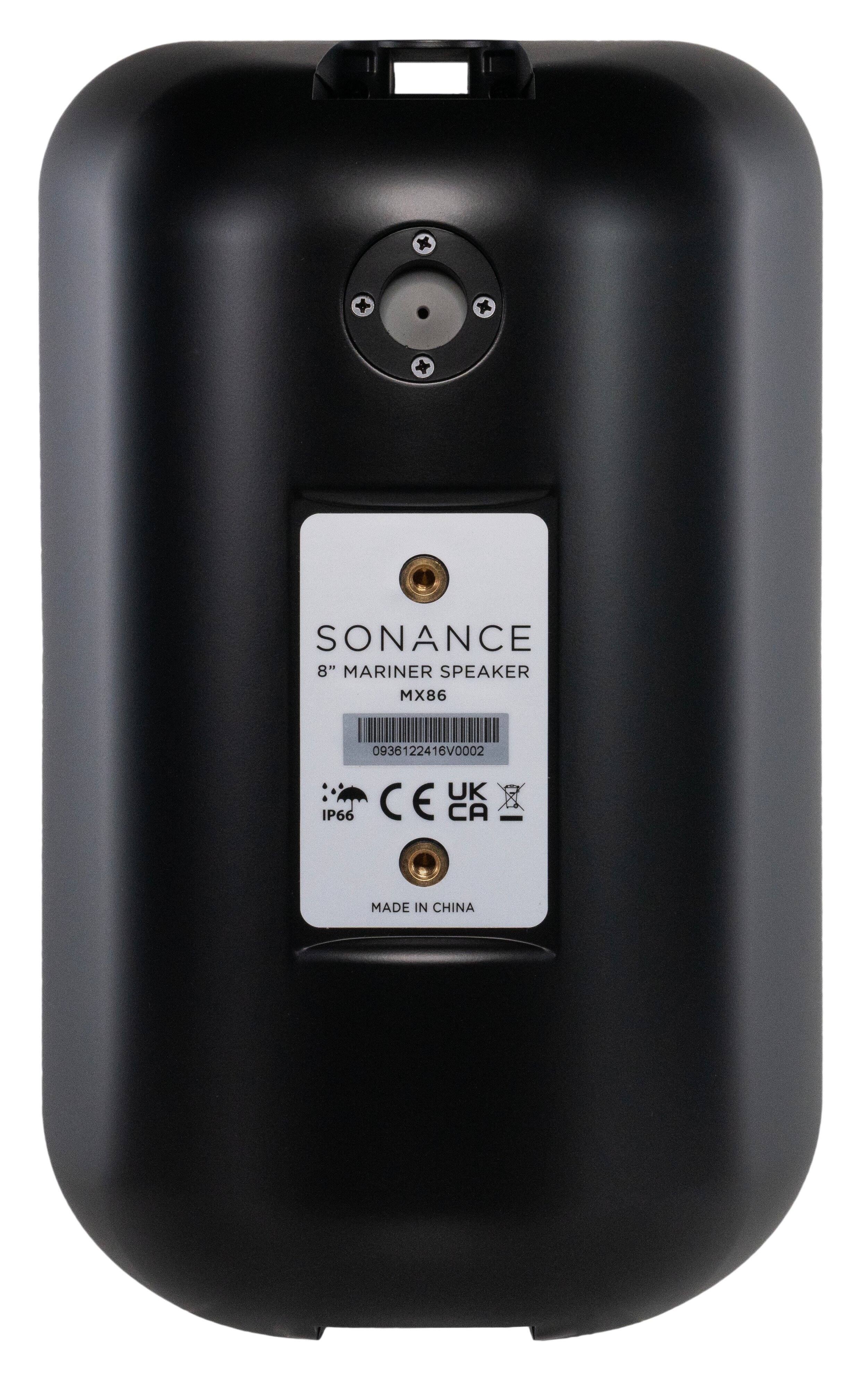 The text on the image reads: "Sonance 8" Mariner Speaker MX86 0936122416V0002 UK IP66 CE CA MADE IN CHINA."