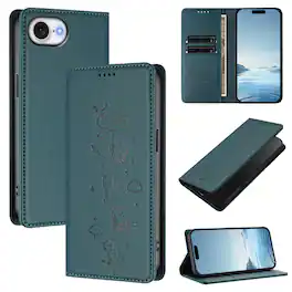 Dteck - for Apple iPhone 17e / 16e Slim Case,Cute Cat Embossed PU Leather Shockproof RFID Blocking Wallet Flip Card Holder Cover - Darkgreen