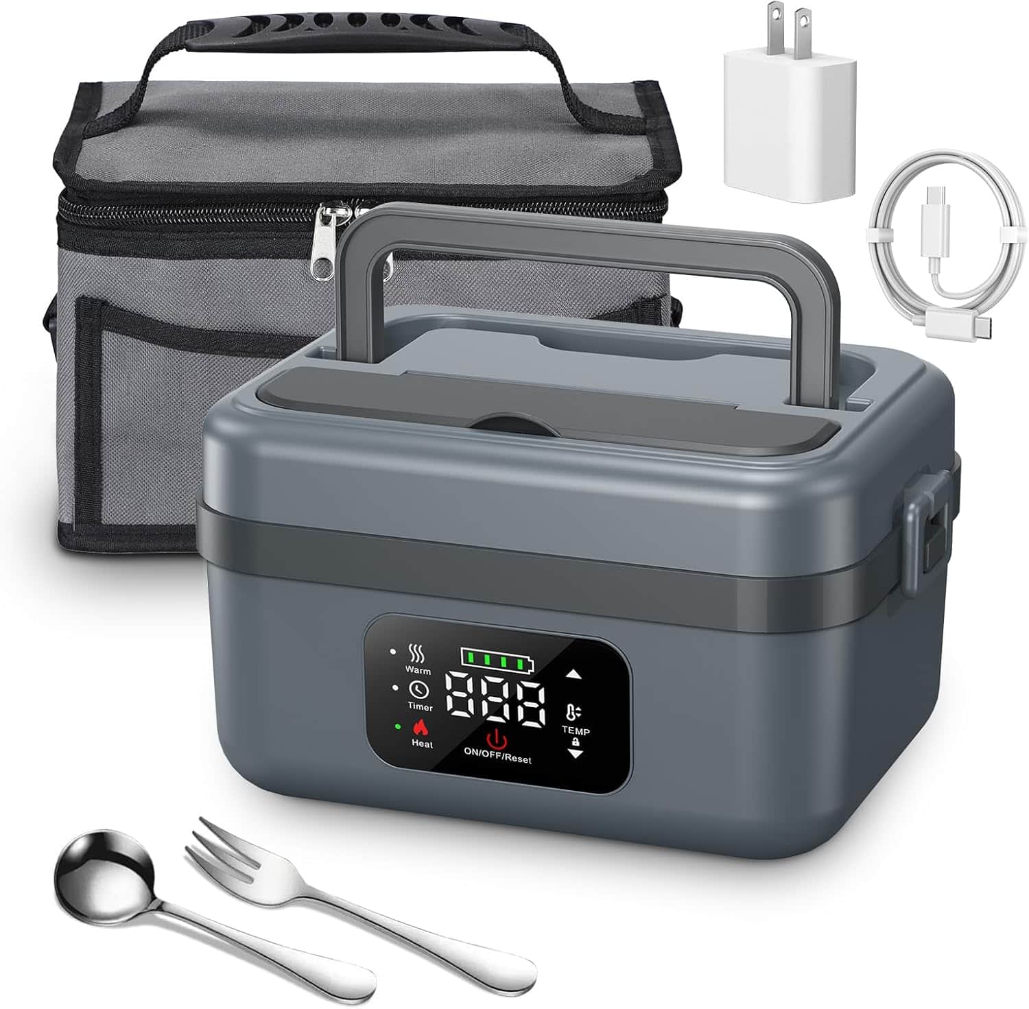 RTMB - Battery-Powered 1L Electric Lunch Box, Self-Heating Food Warmer (Grey) - Gray