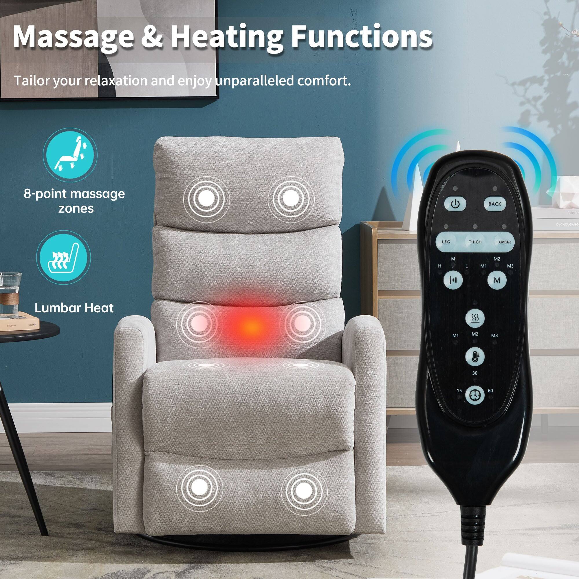 Massage & Heating Functions  
Tailor your relaxation and enjoy unparalleled comfort.  

8-point massage zones  
Lumbar Heat