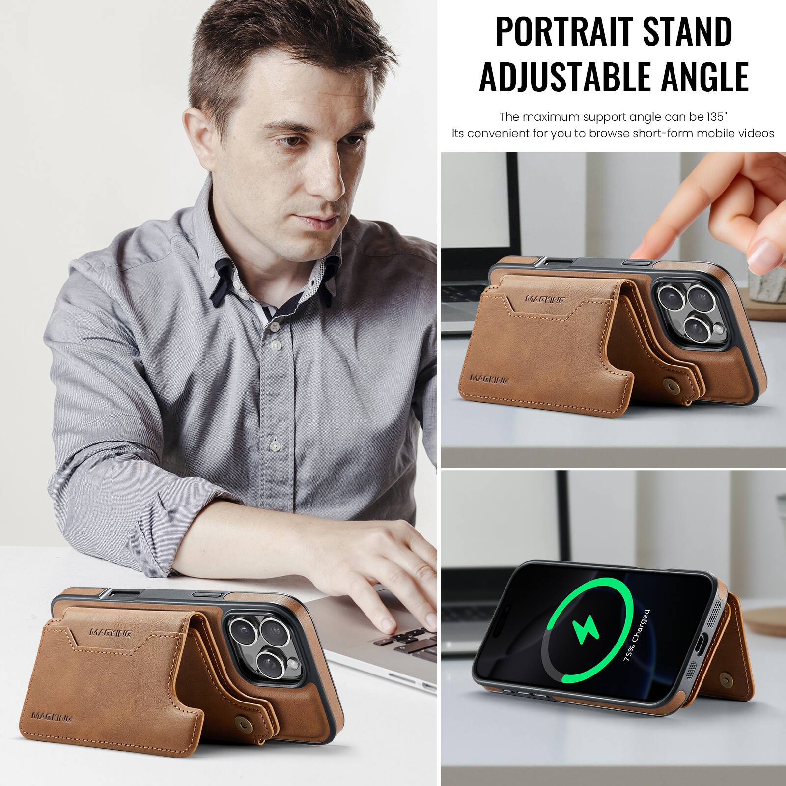 PORTRAIT STAND ADJUSTABLE ANGLE

The maximum support angle can be 135°

Its convenient for you to browse short-form mobile videos

WET d MEGERA GN

Charged 75%