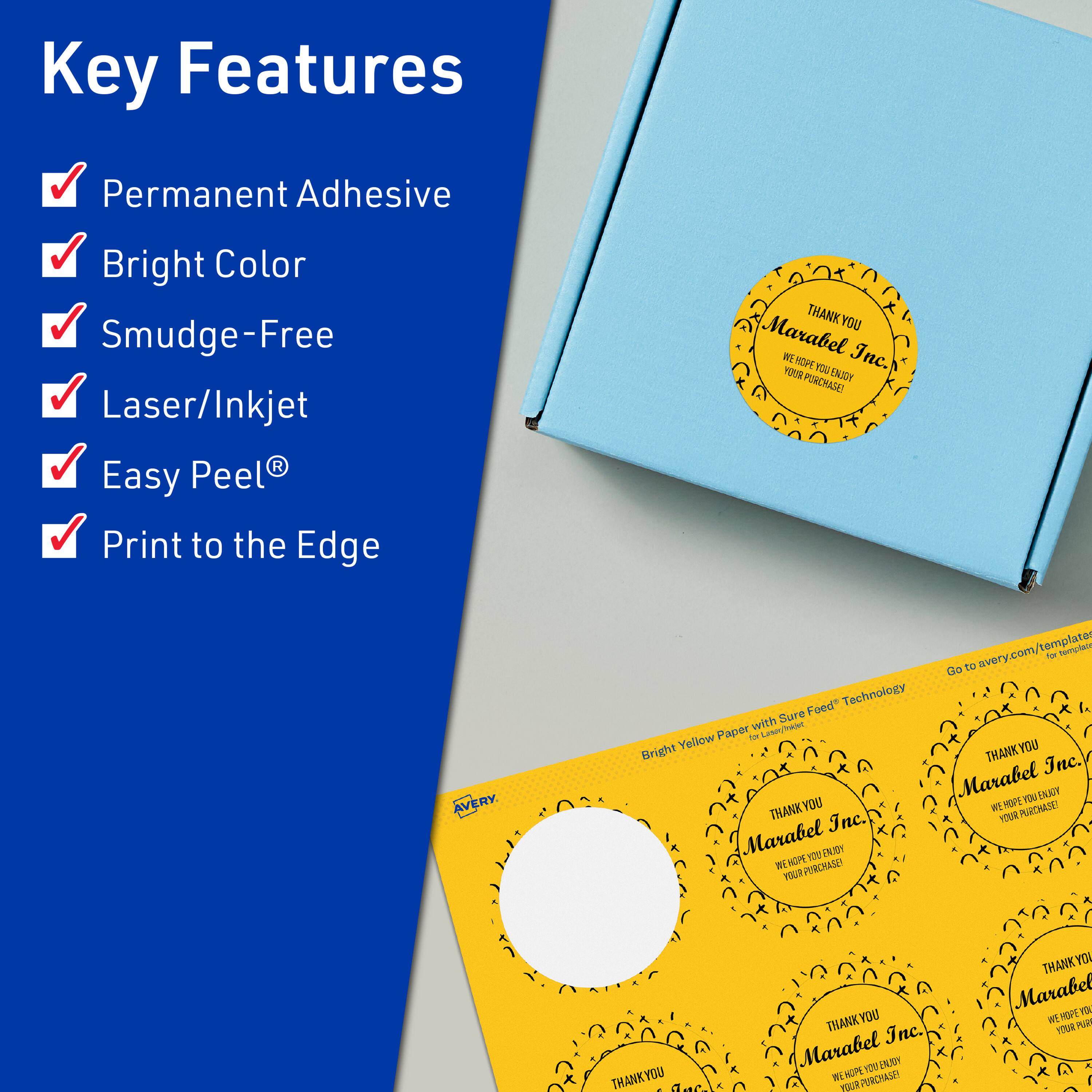 Key Features  
- Permanent Adhesive  
- Bright Color  
- Smudge-Free  
- Laser/Inkjet  
- Easy Peel®  
- Print to the Edge  

Bright Yellow Paper with Sure Feed™ Technology  

THANK YOU  
Marabel Inc.  
WE HOPE YOU ENJOY YOUR PURCHASE!  

Go to avery.com/templates for templates.