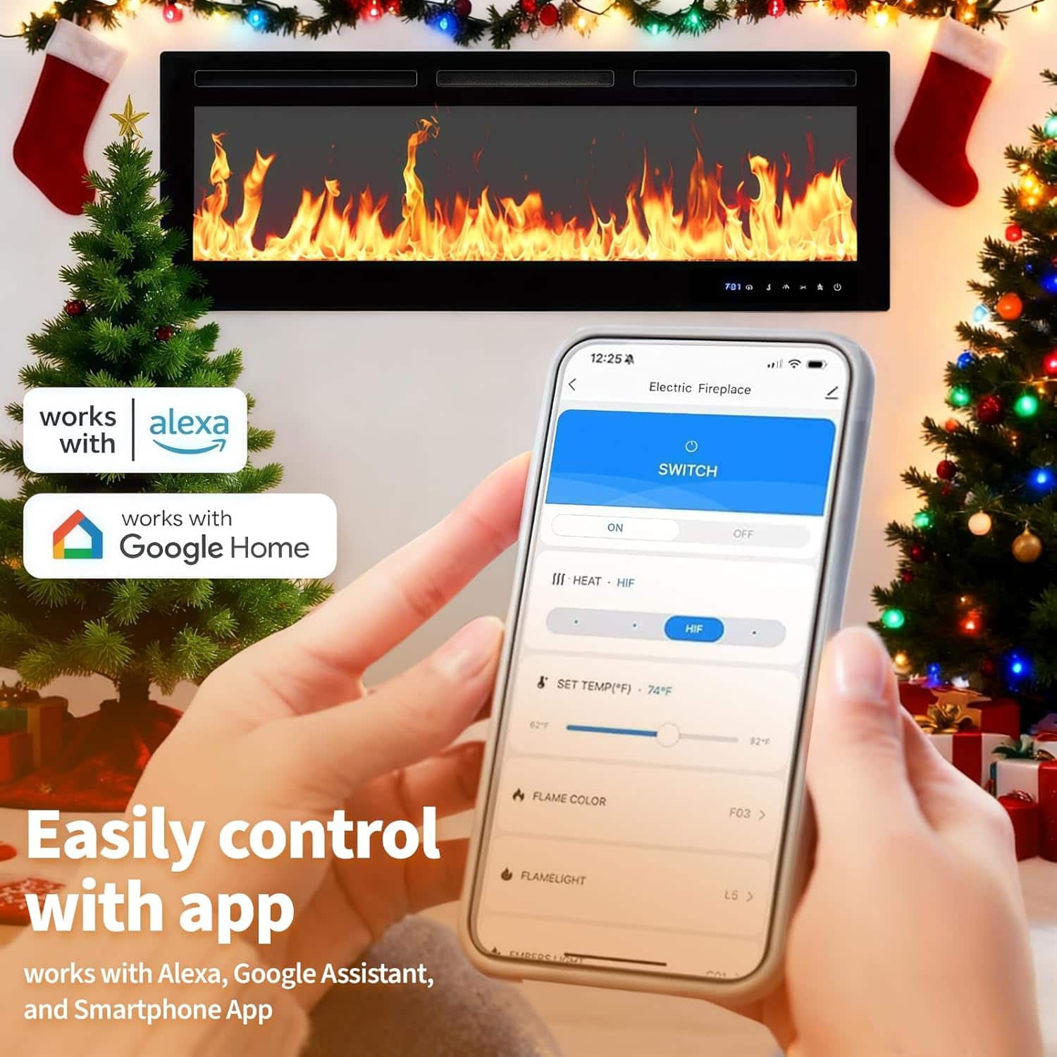 Qeetex - 50in Electric Fireplace Heater WIFI & Alexa Recessed and Wall Mounted 750/1500w