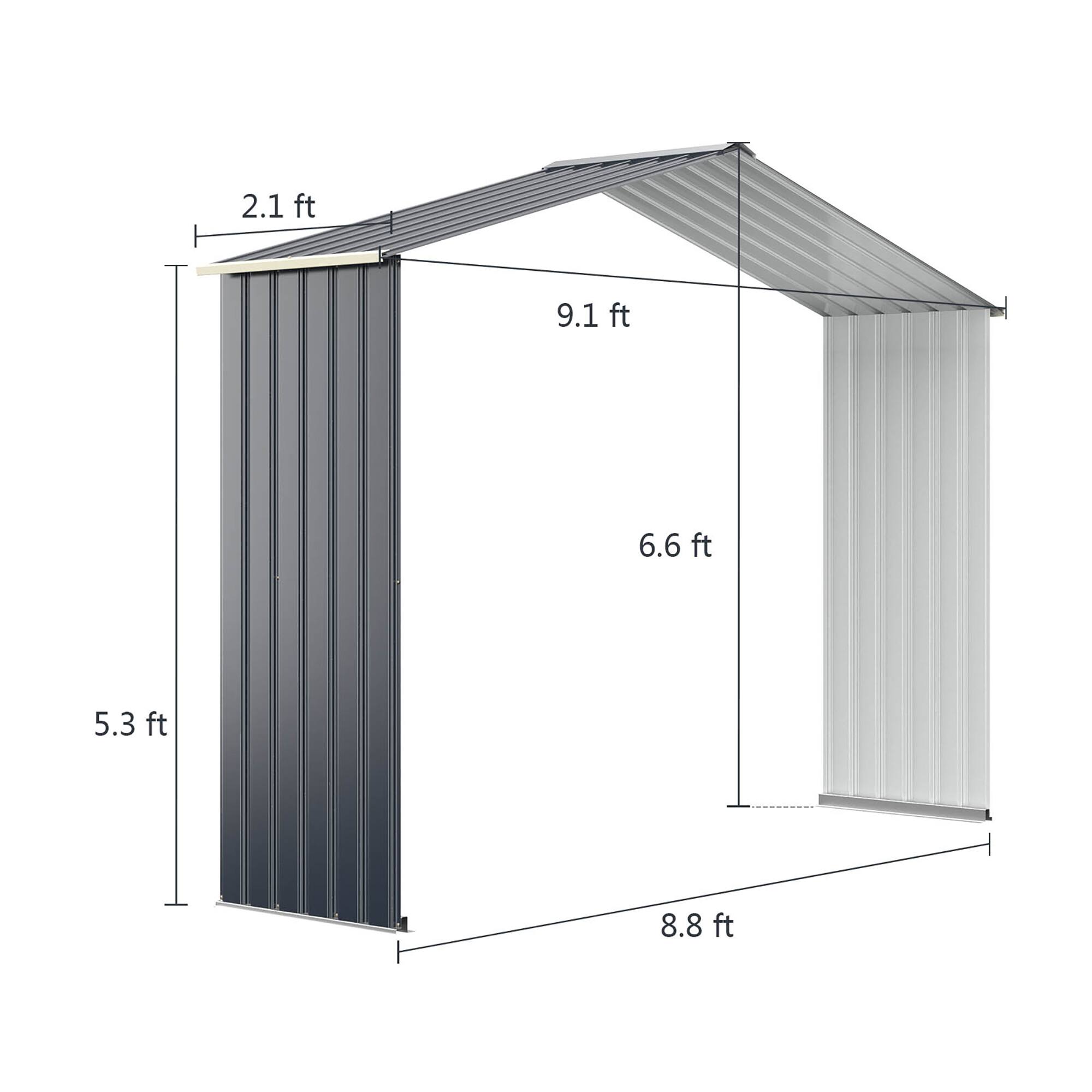 The dimensions of the shed are 2.1 ft by 9.1 ft by 6.6 ft by 5.3 ft.