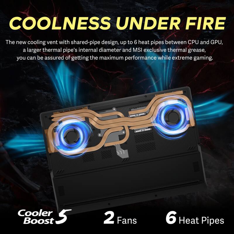 COOLNESS UNDER FIRE

The new cooling vent with shared-pipe design, up to 6 heat pipes between CPU and GPU, a larger thermal pipe's internal diameter and MSI exclusive thermal grease, you can be assured of getting the maximum performance while extreme gaming.

Cooler Boost 5  
2 Fans  
6 Heat Pipes