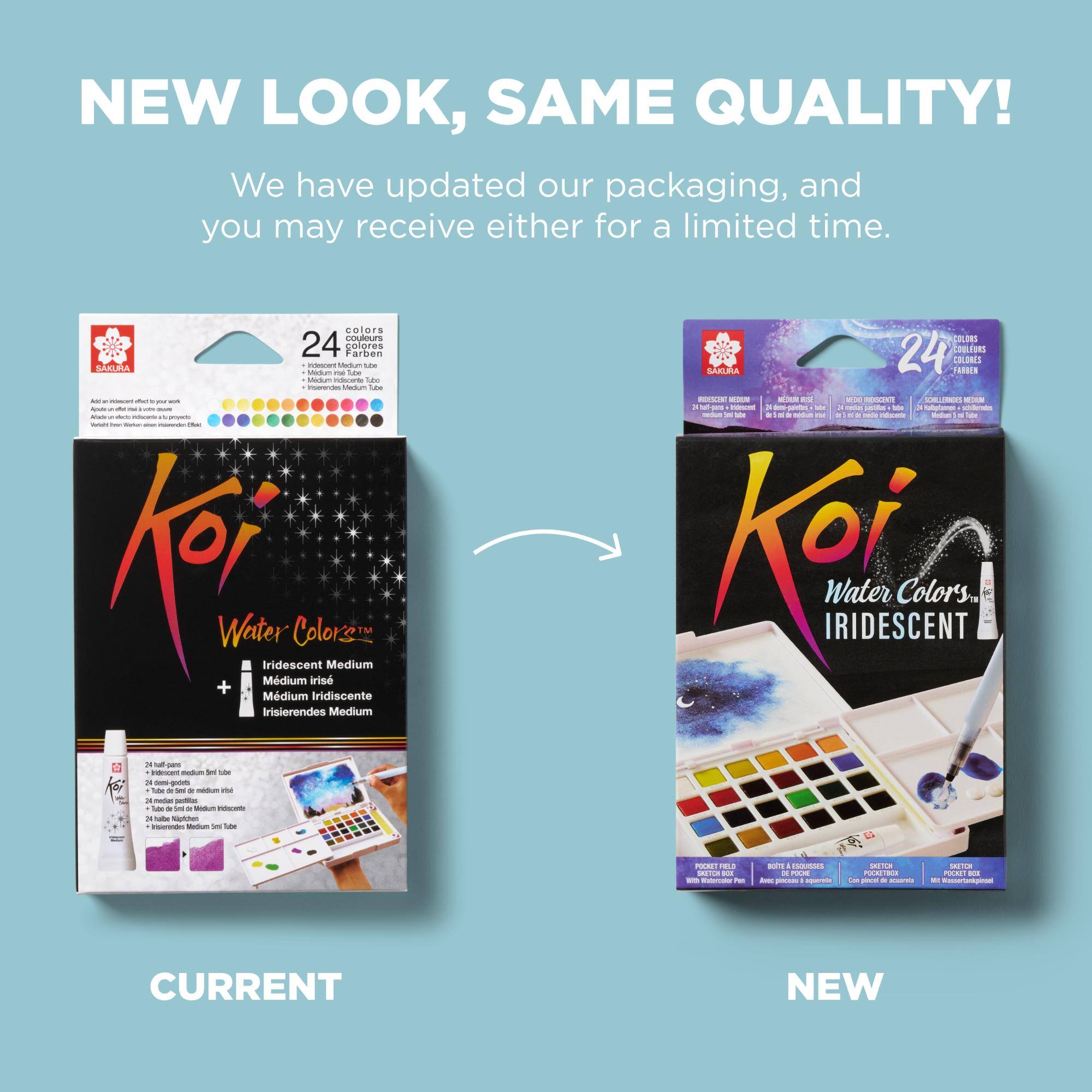 NEW LOOK, SAME QUALITY!  
We have updated our packaging, and you may receive either for a limited time.

colors couleurs 24 colores Farben  
Medium the SAKURA Midium FX Tube Midium indiscente Tubo - inserindes Vadum Tube and .  
INSTATION 60 or any Aputa M THE ets - Nade A dicts insues proyects www. han Vasion inc. Red  
Water Medium Iridescent Coloris iris Medium Mdium Iridiscente Irisierendes Medium y half-pare Infrices medium 3ml tube 5 - goods Tube de des 5 midium Ind 24 medias setificial Total 0g del by Redium indocente 24 halbe Napfchen Insierendes Medium Sed Tube  
SAKURA 24 COLORES FARBEN REDISCENT MEDIUM NETAIN RSE MEDIO ROSCENTE VEDION homent 3 We medias his 3 medium # to lube Keis IRIDESCENT Water Colors  
POCKET FIELD SKETCH BOX With Watercolor Pus  
BOTE ESQUISSES DE POCHE Avec aquarelle  
SHETTON POCKETBOX