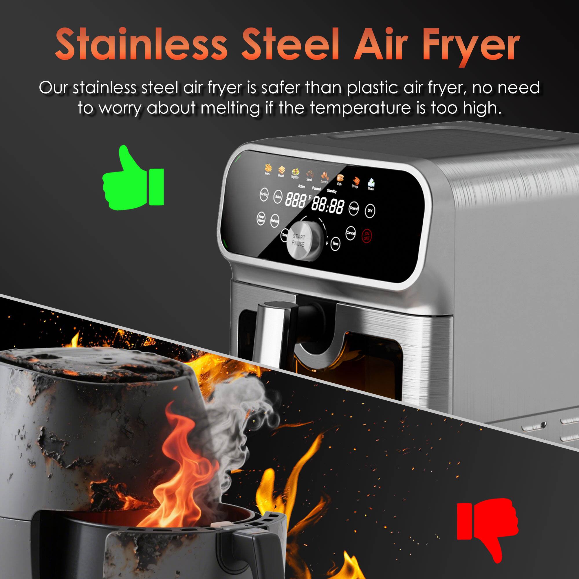 Stainless Steel Air Fryer

Our stainless steel air fryer is safer than plastic air fryer, no need to worry about melting if the temperature is too high.