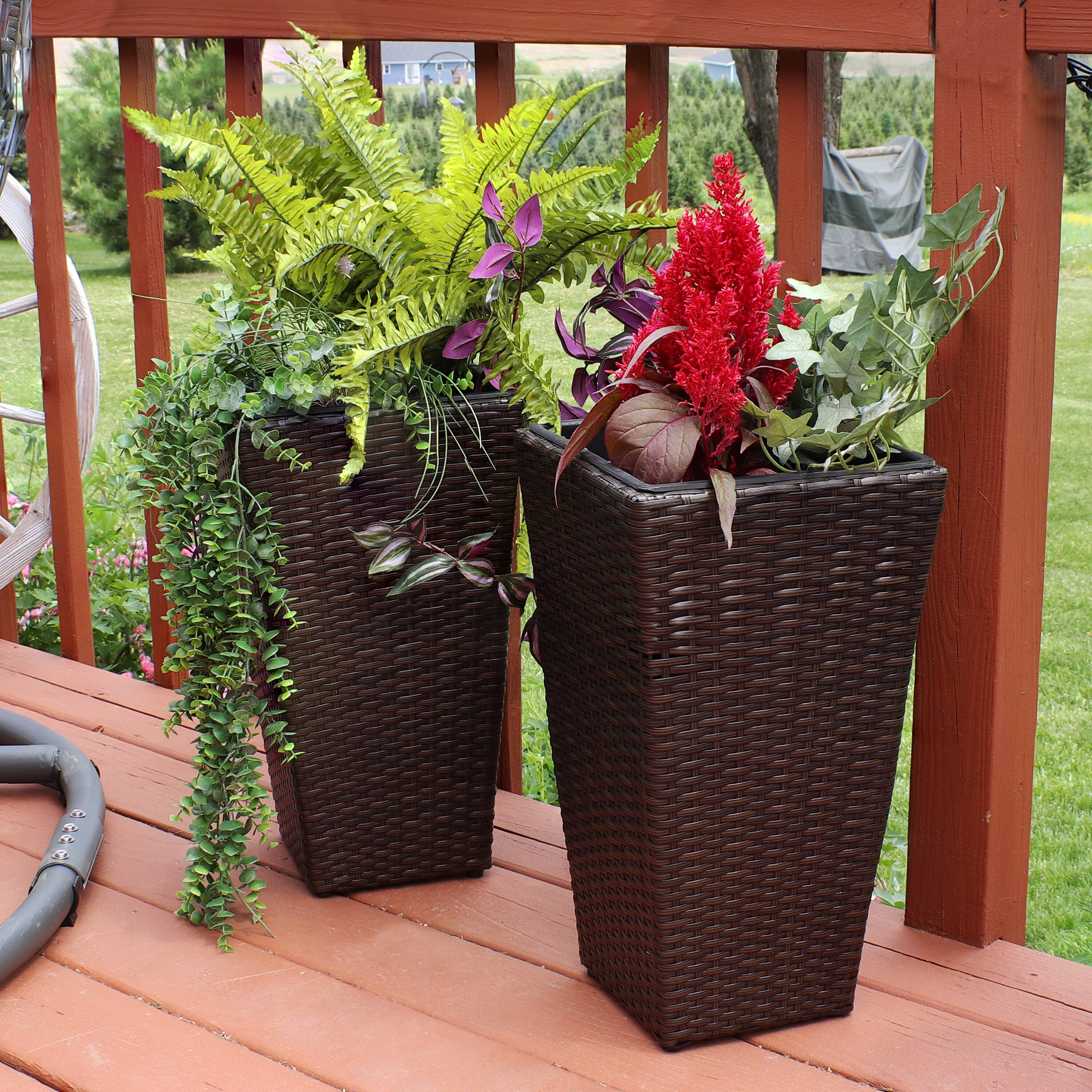 Alt View 1. Sunnydaze - 20 in Polyrattan Tall Square Planter - Set of 2 - Brown.