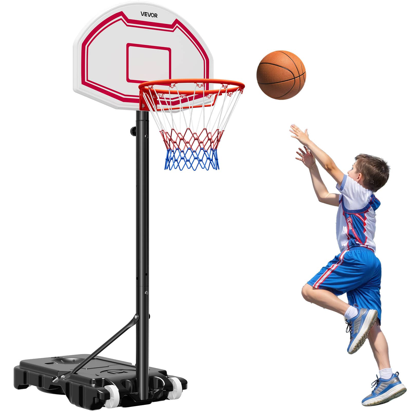 VEVOR - Portable Basketball Stand, 5.2 to 6.9 ft Height Adjustment Basketball Hoop & Goal, Kids Adjustable Basketballs Hoop - Red + Black + White