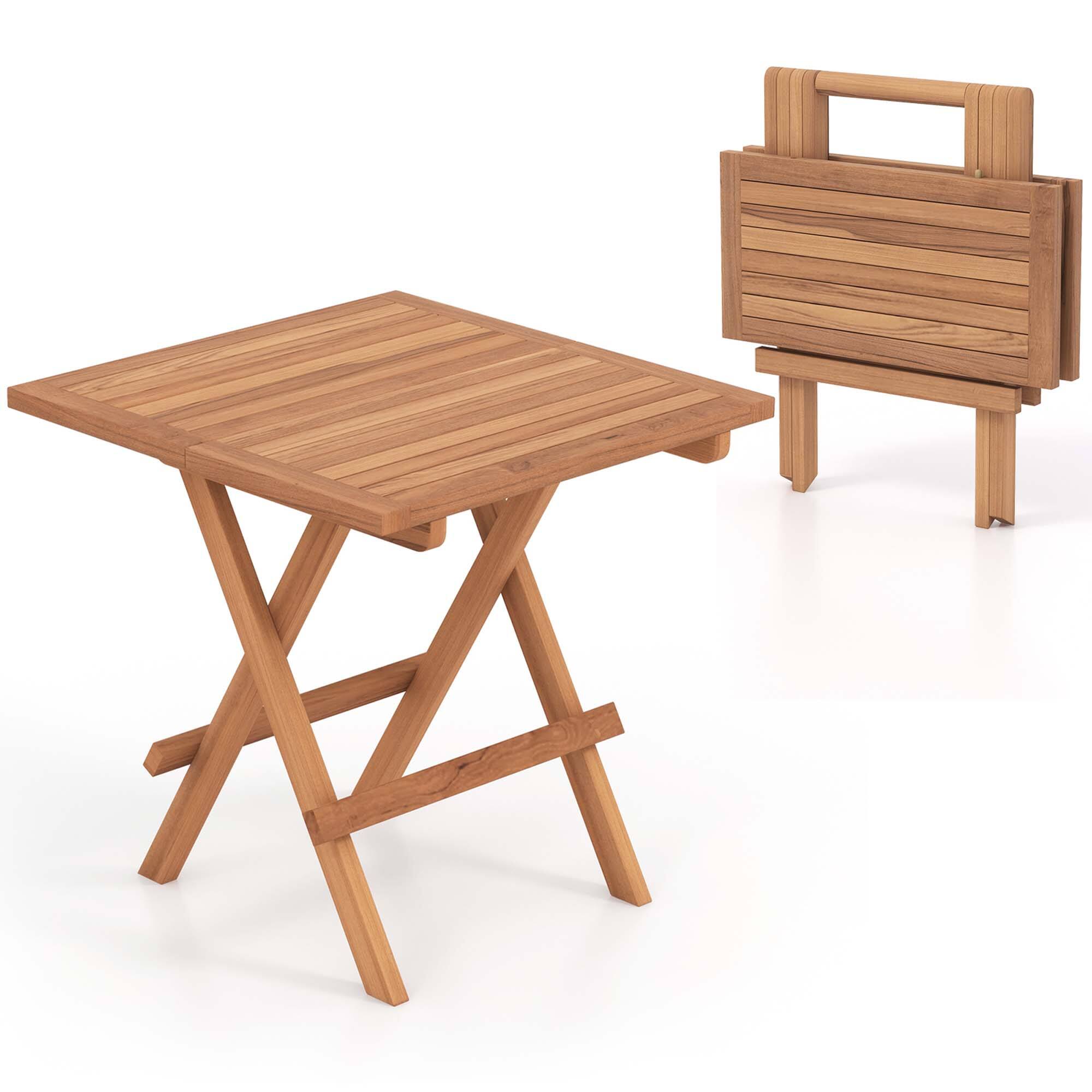 Costway - 1 PC Patio Folding Side Table Indonesia Teak Wood Square Slatted Tabletop Portable Picnic - Natural