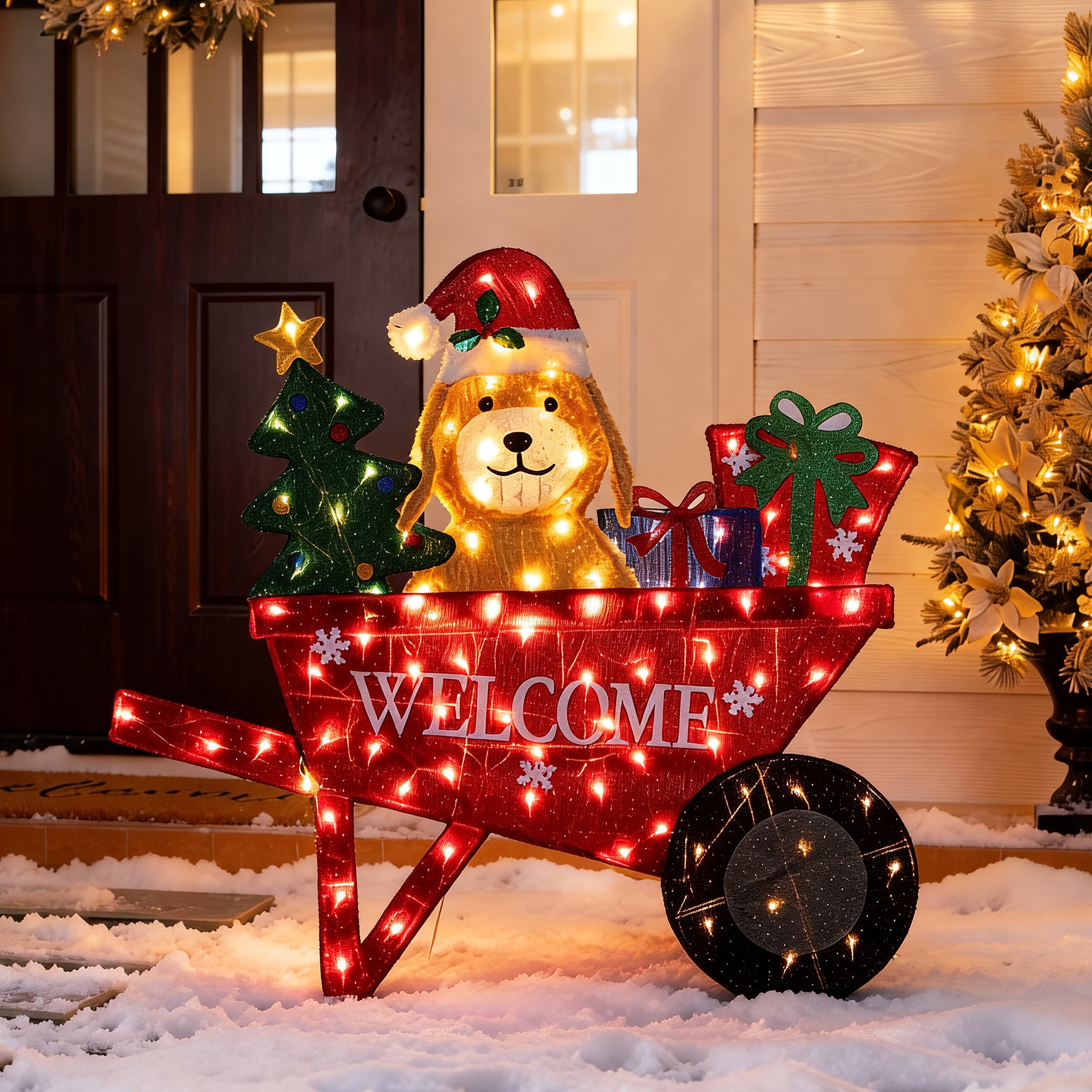 Glitzhome - 39.75"L Christmas 2.5D Fabric Labrador Wheel Barrow with 90 LED Lights - Multi-Colored