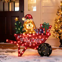 Glitzhome - 39.75"L Christmas 2.5D Fabric Labrador Wheel Barrow with 90 LED Lights - Multi-Colored