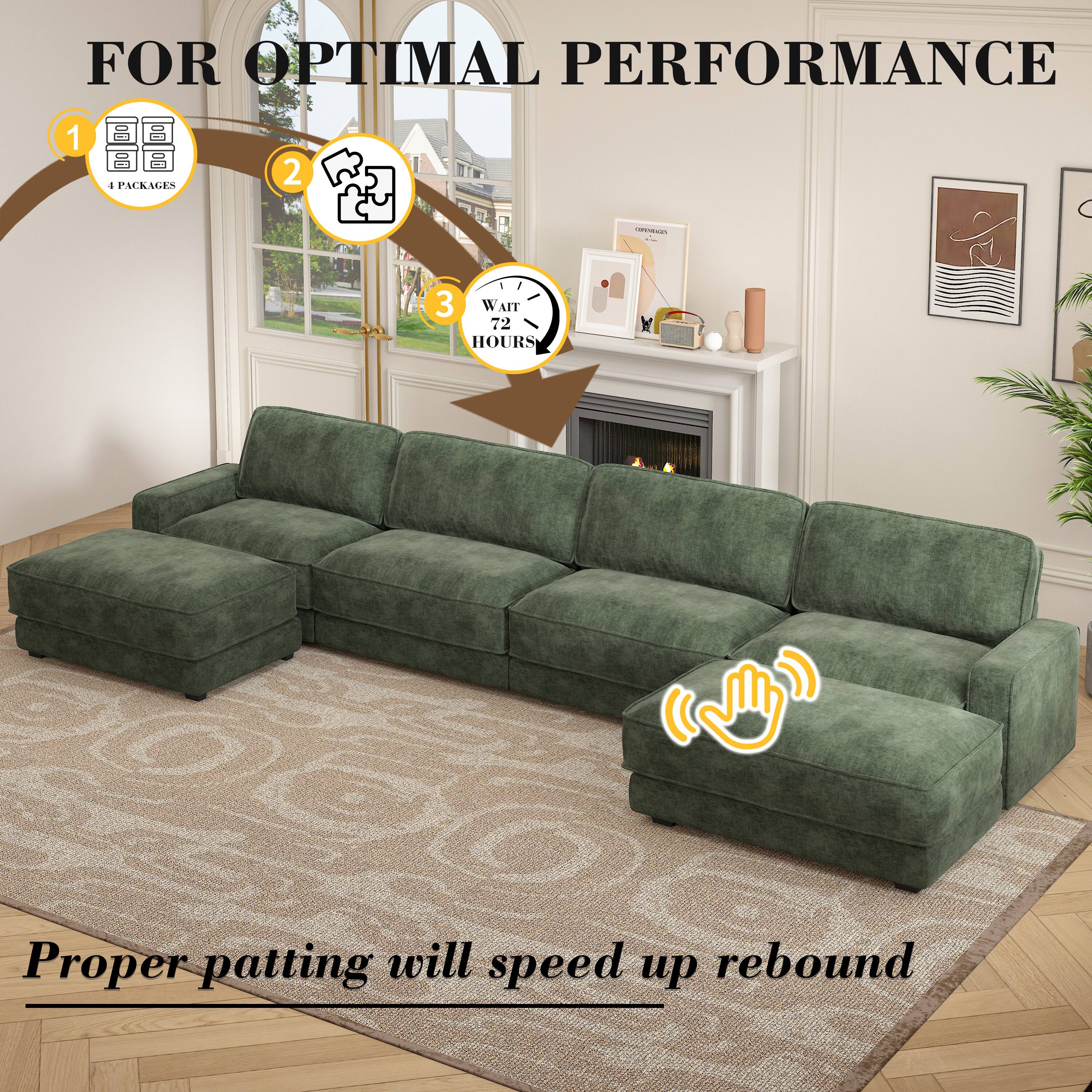 FOR OPTIMAL PERFORMANCE

1. 4 PACKAGES
2. ASSEMBLE
3. WAIT 72 HOURS

Proper patting will speed up rebound