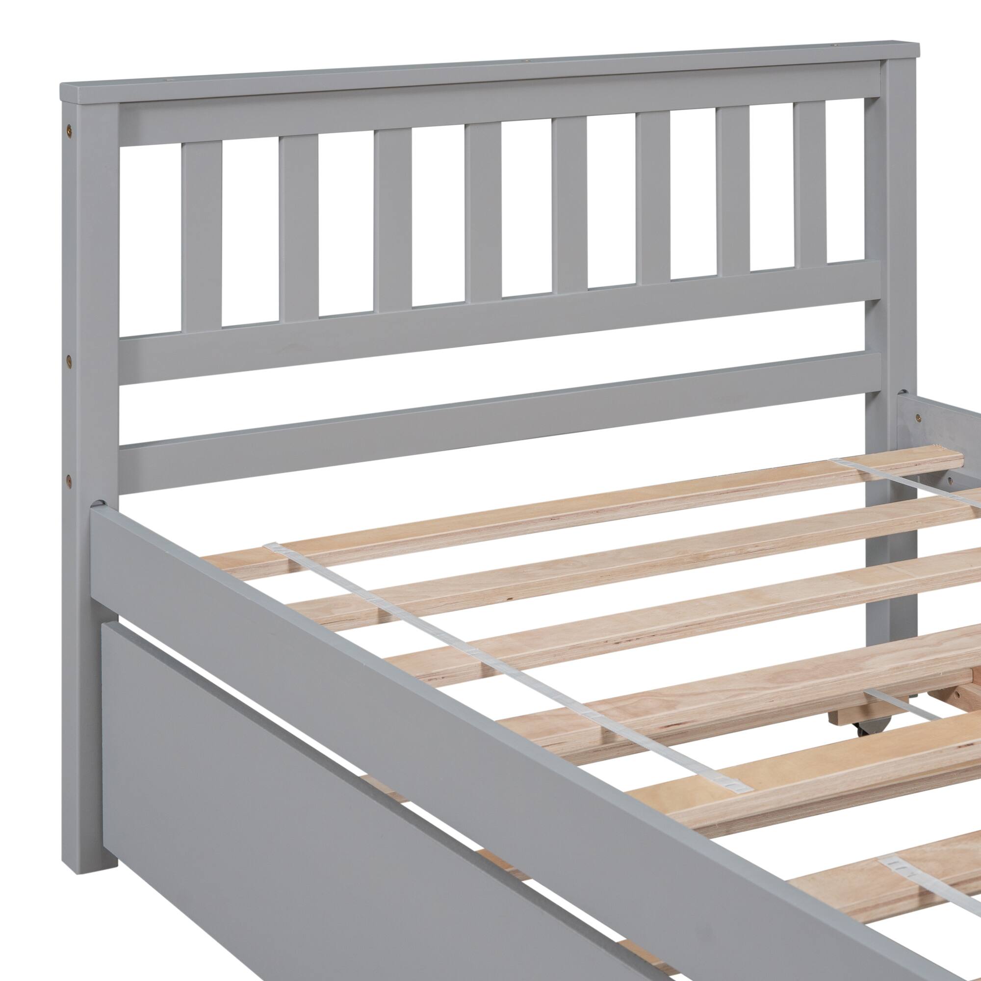 Back. GOODSILO - Space-Saving Twin Platform Bed Frame with Pull-Out Trundle and Headboard for Compact Living Areas - Grey.