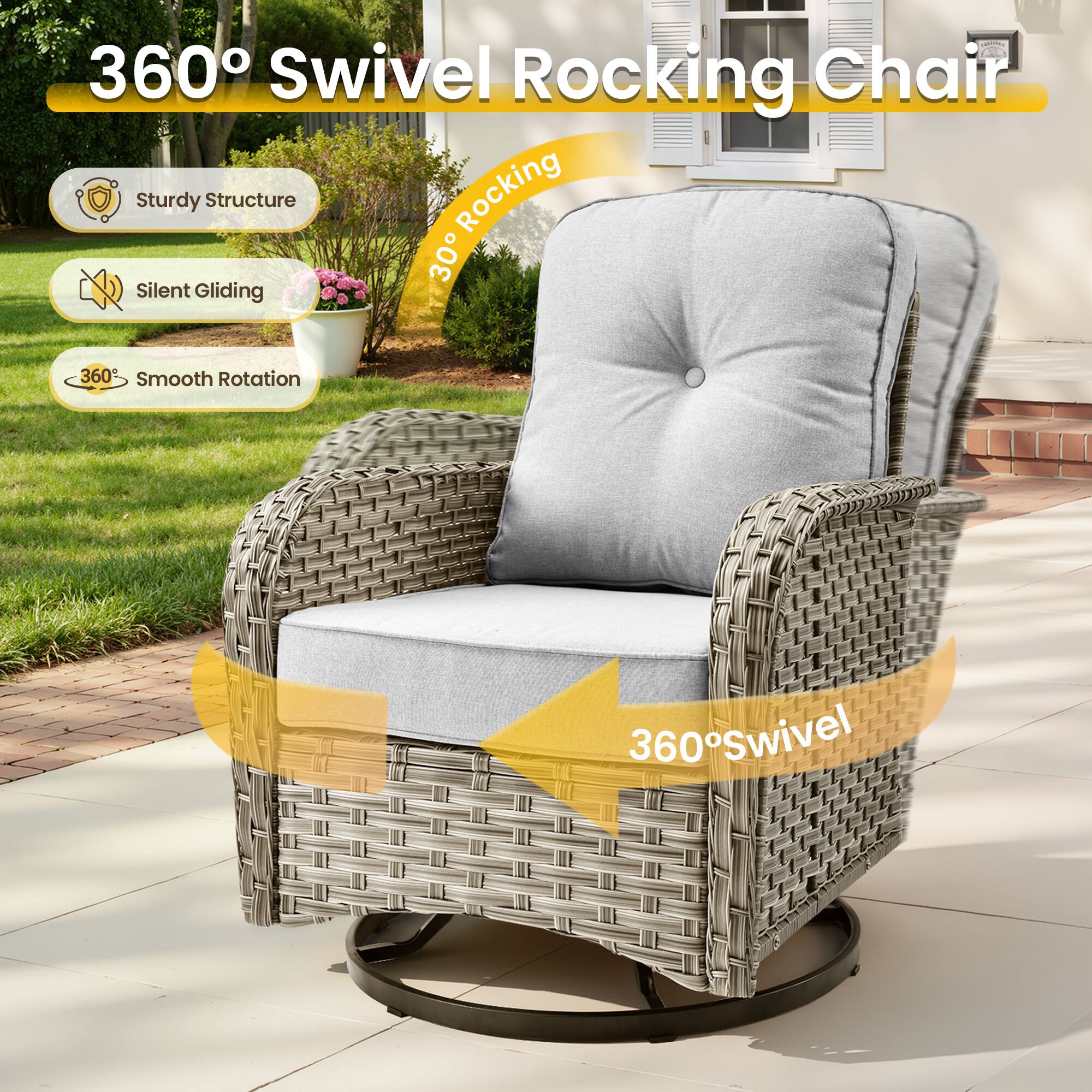 360° Swivel Rocking Chair

- Sturdy Structure
- Silent Gliding
- 360° Smooth Rotation

30° Rocking

360° Swivel