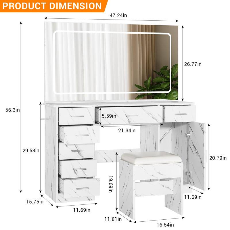 PRODUCT DIMENSION

- Length: 47.24in
- Width: 26.77in
- Height: 56.3in
- Drawer Height: 5.59in
- Drawer Width: 21.34in
- Drawer Depth: 19.69in
- Cabinet Height: 29.53in
- Cabinet Width: 15.75in
- Cabinet Depth: 11.69in
- Stool Height: 20.79in
- Stool Width: 11.69in
- Stool Depth: 16.54in
