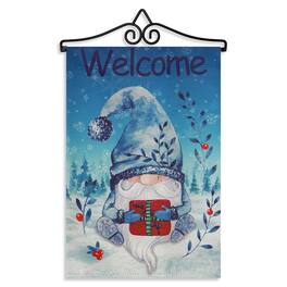 G128 - Combo Pack Garden Flag Hanger 14 in with 12 x 18 in Double-Sided Blockout Garden Flag — Welcome Festive Bearded Gnome - Blue